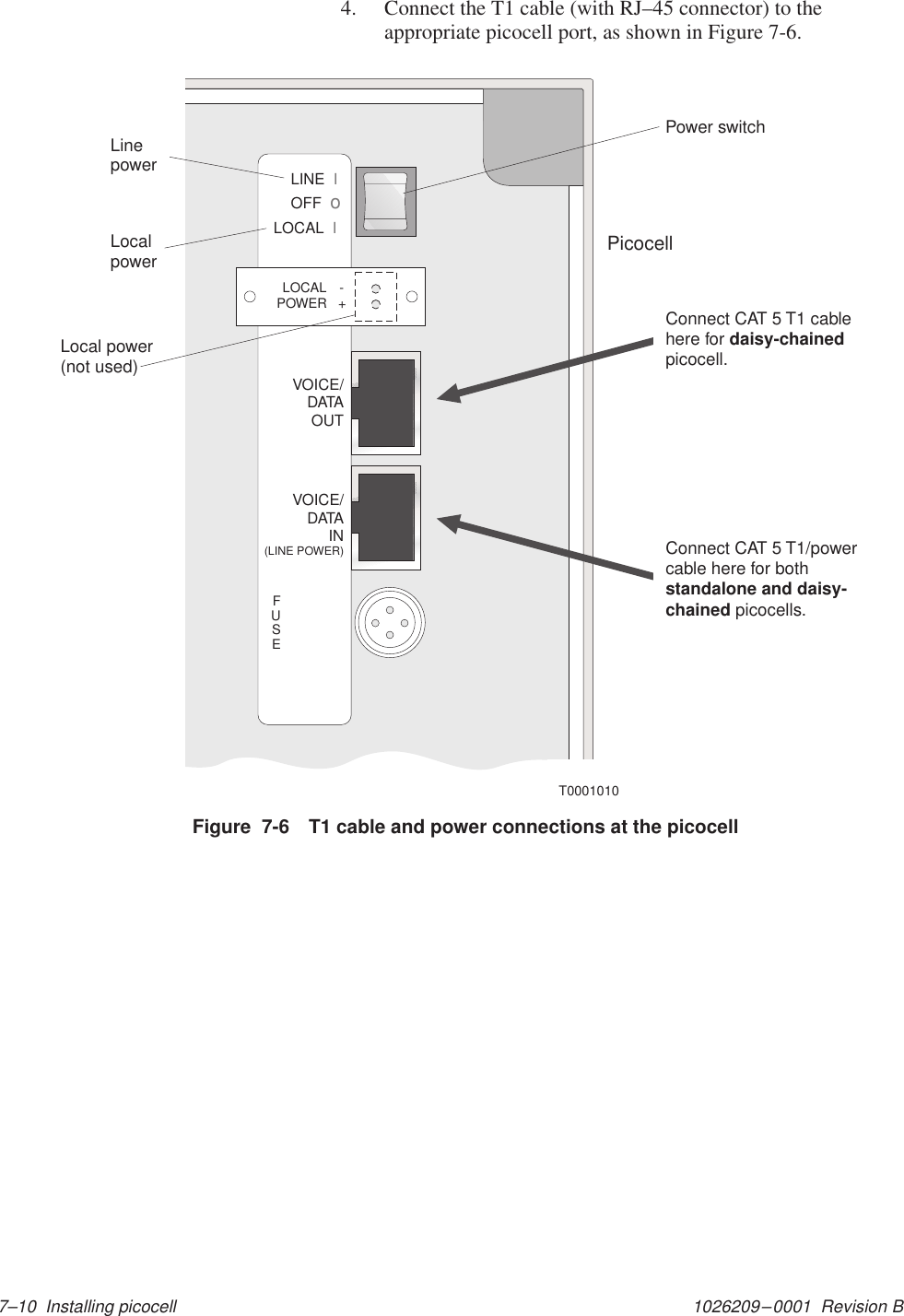 1026209–0001  Revision B 7–10  Installing picocell4. Connect the T1 cable (with RJ–45 connector) to theappropriate picocell port, as shown in Figure 7-6.LINE IOFFoLOCAL IVOICE/DATAOUTVOICE/DATAIN(LINE POWER)FUSELOCAL -POWER   +T0001010PicocellLinepowerLocalpowerLocal power(not used)Connect CAT 5 T1 cablehere forpicocell.daisy-chainedConnect CAT 5 T1/powercable here for bothpicocells.standalone and daisy-chainedPower switchFigure  7-6 T1 cable and power connections at the picocell