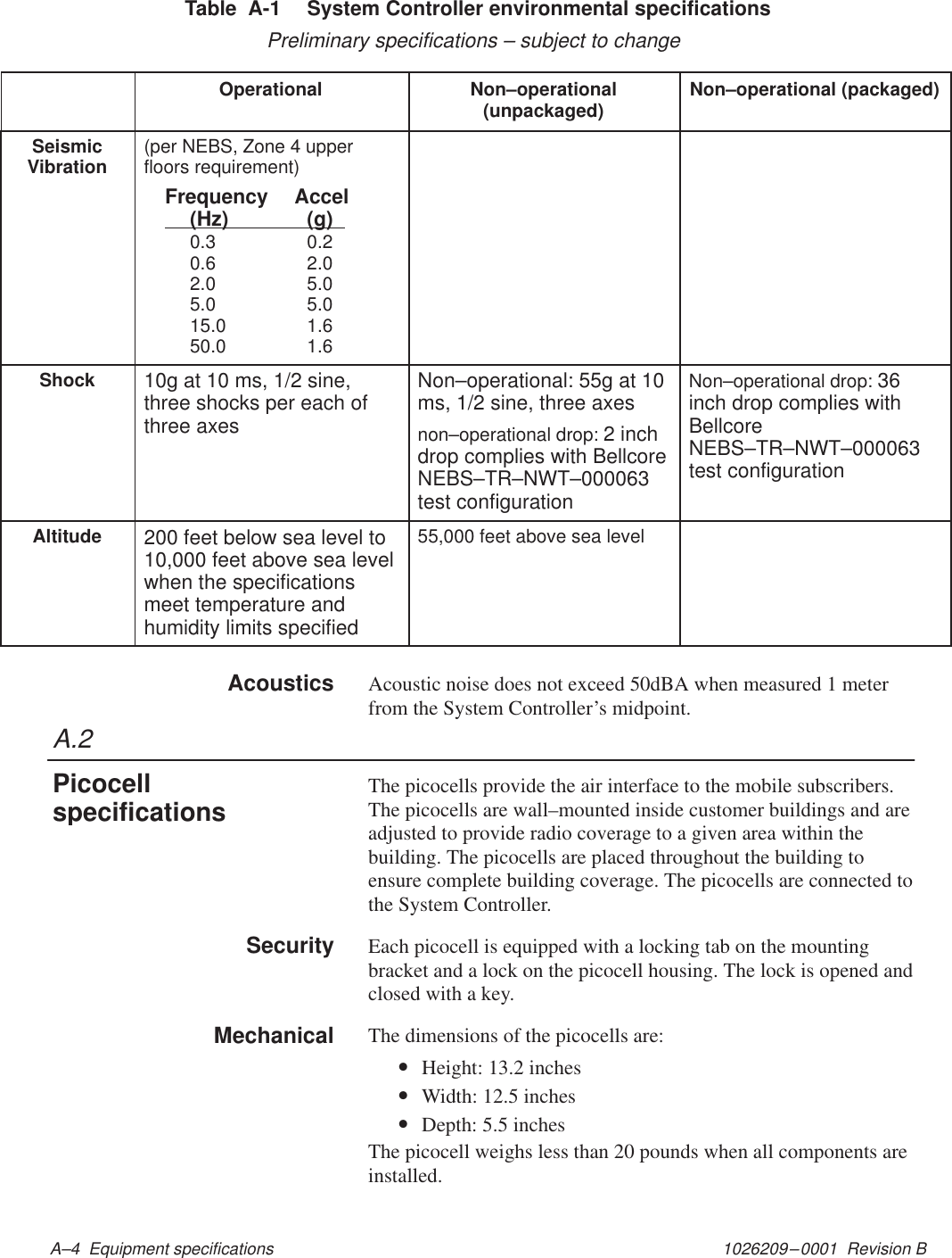 A.21026209–0001  Revision B A–4  Equipment specificationsTable  A-1  System Controller environmental specificationsPreliminary specifications – subject to changeNon–operational (packaged)Non–operational(unpackaged)OperationalSeismicVibration (per NEBS, Zone 4 upperfloors requirement)Frequency Accel(Hz) (g)0.3 0.20.6 2.02.0 5.05.0 5.015.0 1.650.0 1.6Shock 10g at 10 ms, 1/2 sine,three shocks per each ofthree axesNon–operational: 55g at 10ms, 1/2 sine, three axesnon–operational drop: 2 inchdrop complies with BellcoreNEBS–TR–NWT–000063test configurationNon–operational drop: 36inch drop complies withBellcoreNEBS–TR–NWT–000063test configurationAltitude 200 feet below sea level to10,000 feet above sea levelwhen the specificationsmeet temperature andhumidity limits specified55,000 feet above sea levelAcoustic noise does not exceed 50dBA when measured 1 meterfrom the System Controller’s midpoint.The picocells provide the air interface to the mobile subscribers.The picocells are wall–mounted inside customer buildings and areadjusted to provide radio coverage to a given area within thebuilding. The picocells are placed throughout the building toensure complete building coverage. The picocells are connected tothe System Controller.Each picocell is equipped with a locking tab on the mountingbracket and a lock on the picocell housing. The lock is opened andclosed with a key.The dimensions of the picocells are:•Height: 13.2 inches•Width: 12.5 inches•Depth: 5.5 inchesThe picocell weighs less than 20 pounds when all components areinstalled.AcousticsPicocellspecificationsSecurityMechanical