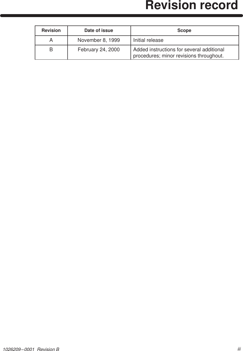 1026209–0001  Revision B  iiiRevision recordRevision Date of issue ScopeANovember 8, 1999 Initial releaseBFebruary 24, 2000 Added instructions for several additionalprocedures; minor revisions throughout.