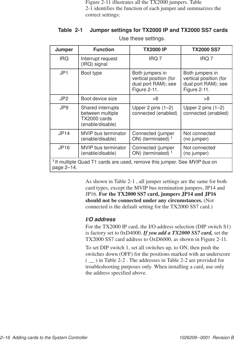 1026209–0001  Revision B 2–16  Adding cards to the System ControllerFigure 2-11 illustrates all the TX2000 jumpers. Table2-1 identifies the function of each jumper and summarizes thecorrect settings:Table  2-1  Jumper settings for TX2000 IP and TX2000 SS7 cards  Use these settings.Jumper Function TX2000 IP TX2000 SS7IRQ Interrupt request(IRQ) signal IRQ 7 IRQ 7JP1 Boot type Both jumpers invertical position (fordual port RAM); seeFigure 2-11.Both jumpers invertical position (fordual port RAM); seeFigure 2-11.JP2 Boot device size &gt;8 &gt;8JP9 Shared interruptsbetween multipleTX2000 cards(enable/disable)Upper 2 pins (1–2)connected (enabled) Upper 2 pins (1–2)connected (enabled)JP14 MVIP bus terminator(enable/disable) Connected (jumperON) (terminated) 1Not connected (no jumper)JP16 MVIP bus terminator(enable/disable) Connected (jumperON) (terminated) 1Not connected(no jumper)1If multiple Quad T1 cards are used, remove this jumper. See MVIP bus onpage 2–14.As shown in Table 2-1 , all jumper settings are the same for bothcard types, except the MVIP bus termination jumpers, JP14 andJP16. For the TX2000 SS7 card, jumpers JP14 and JP16should not be connected under any circumstances. (Notconnected is the default setting for the TX2000 SS7 card.)I/O addressFor the TX2000 IP card, the I/O address selection (DIP switch S1)is factory set to 0xD4000. If you add a TX2000 SS7 card, set theTX2000 SS7 card address to OxD6000, as shown in Figure 2-11.To set DIP switch 1, set all switches up, to ON, then push theswitches down (OFF) for the positions marked with an underscore( __ ) in Table 2-2 . The addresses in Table 2-2 are provided fortroubleshooting purposes only. When installing a card, use onlythe address specified above.