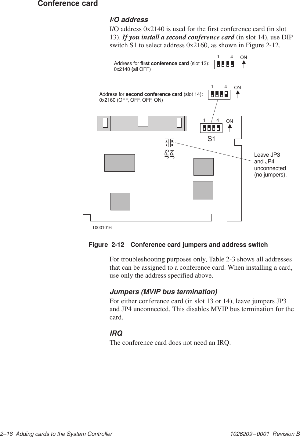 1026209–0001  Revision B 2–18  Adding cards to the System ControllerI/O addressI/O address 0x2140 is used for the first conference card (in slot13). If you install a second conference card (in slot 14), use DIPswitch S1 to select address 0x2160, as shown in Figure 2-12.T0001016JP3JP41S14ON14ON14ONLeave JP3and JP4unconnected(no jumpers).Address for :0x2140 all OFF)first conference card((slot 13)Address for (slot 14)second conference card :0x2160 (OFF, OFF, OFF, ON)Figure  2-12 Conference card jumpers and address switchFor troubleshooting purposes only, Table 2-3 shows all addressesthat can be assigned to a conference card. When installing a card,use only the address specified above.Jumpers (MVIP bus termination)For either conference card (in slot 13 or 14), leave jumpers JP3and JP4 unconnected. This disables MVIP bus termination for thecard.IRQThe conference card does not need an IRQ.Conference card