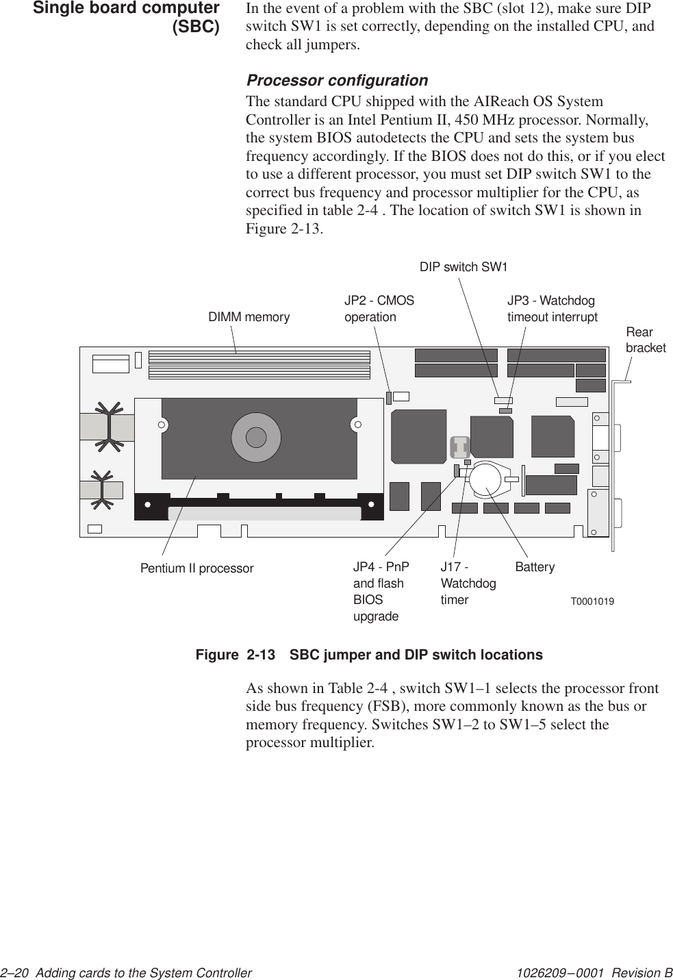 1026209–0001  Revision B 2–20  Adding cards to the System ControllerIn the event of a problem with the SBC (slot 12), make sure DIPswitch SW1 is set correctly, depending on the installed CPU, andcheck all jumpers.Processor configurationThe standard CPU shipped with the AIReach OS SystemController is an Intel Pentium II, 450 MHz processor. Normally,the system BIOS autodetects the CPU and sets the system busfrequency accordingly. If the BIOS does not do this, or if you electto use a different processor, you must set DIP switch SW1 to thecorrect bus frequency and processor multiplier for the CPU, asspecified in table 2-4 . The location of switch SW1 is shown inFigure 2-13.Figure  2-13 SBC jumper and DIP switch locationsT0001019RearbracketDIMM memoryPentium II processor BatteryJP2 - CMOSoperationJP3 - Watchdogtimeout interruptJP4 - PnPand flashBIOSupgradeJ17 -WatchdogtimerDIP switch SW1As shown in Table 2-4 , switch SW1–1 selects the processor frontside bus frequency (FSB), more commonly known as the bus ormemory frequency. Switches SW1–2 to SW1–5 select theprocessor multiplier.Single board computer(SBC)