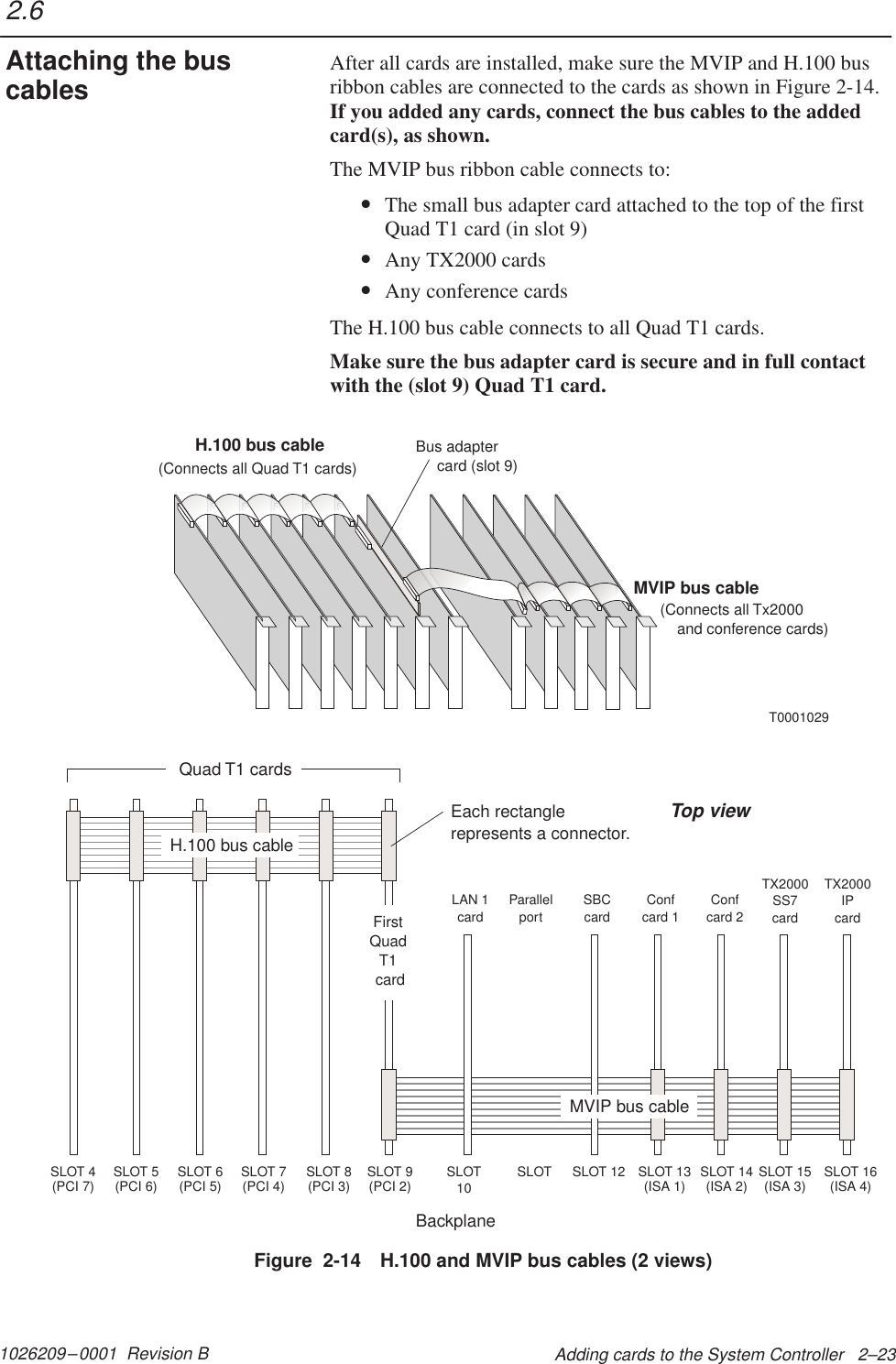 1026209–0001  Revision B Adding cards to the System Controller   2–23After all cards are installed, make sure the MVIP and H.100 busribbon cables are connected to the cards as shown in Figure 2-14.If you added any cards, connect the bus cables to the addedcard(s), as shown.The MVIP bus ribbon cable connects to:•The small bus adapter card attached to the top of the firstQuad T1 card (in slot 9)•Any TX2000 cards•Any conference cardsThe H.100 bus cable connects to all Quad T1 cards.Make sure the bus adapter card is secure and in full contactwith the (slot 9) Quad T1 card.Figure  2-14 H.100 and MVIP bus cables (2 views)LAN 1cardSBCcardConfcard 1Confcard 2TX2000SS7cardTX2000IPcardSLOT 4(PCI 7) SLOT 5(PCI 6) SLOT 6(PCI 5) SLOT 7(PCI 4) SLOT 8(PCI 3) SLOT 9(PCI 2) SLOT 12 SLOT 13(ISA 1) SLOT 14(ISA 2) SLOT 15(ISA 3) SLOT 16(ISA 4)SLOT10SLOTQuad T1 cardsBackplaneTop viewParallelportH.100 bus cableMVIP bus cableFirstQuadT1cardEach rectanglerepresents a connector.H.100 bus cableMVIP bus cable(Connects all Quad T1 cards)(Connects all Tx2000and conference cards)Bus adaptercard (slot 9)T00010292.6Attaching the buscables