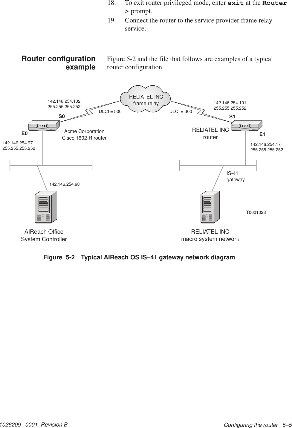 1026209–0001  Revision B Configuring the router   5–518. To exit router privileged mode, enter exit at the Router&gt; prompt.19. Connect the router to the service provider frame relayservice.Figure 5-2 and the file that follows are examples of a typicalrouter configuration.Figure  5-2 Typical AIReach OS IS–41 gateway network diagramAIReach OfficeSystem ControllerRELIATEL INCmacro system networkS1E0S0E1RELIATEL INCframe relayDLCI = 500 DLCI = 300T0001028RELIATEL INCrouter142.148.254.102255.255.255.252142.146.254.17255.255.255.252142.146.254.101255.255.255.252142.146.254.97255.255.255.252IS-41gateway142.146.254.98Acme CorporationCisco 1602-R routerRouter configurationexample