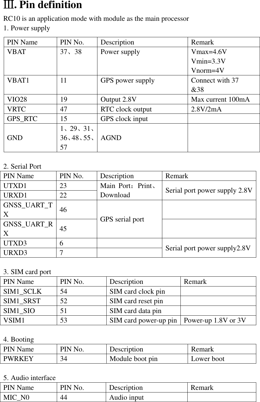  Ⅲ. Pin definition RC10 is an application mode with module as the main processor 1. Power supply  2. Serial Port PIN Name PIN No. Description Remark UTXD1 23 Main  Port：Print、Download Serial port power supply 2.8V URXD1 22 GNSS_UART_TX 46 GPS serial port  GNSS_UART_RX 45  UTXD3 6  Serial port power supply2.8V URXD3 7   3. SIM card port PIN Name PIN No. Description Remark SIM1_SCLK 54 SIM card clock pin  SIM1_SRST 52 SIM card reset pin  SIM1_SIO 51 SIM card data pin  VSIM1 53 SIM card power-up pin Power-up 1.8V or 3V  4. Booting PIN Name PIN No. Description Remark PWRKEY 34 Module boot pin Lower boot  5. Audio interface PIN Name PIN No. Description Remark MIC_N0 44 Audio input  PIN Name PIN No. Description Remark VBAT 37、38 Power supply Vmax=4.6V Vmin=3.3V Vnorm=4V VBAT1 11 GPS power supply Connect with 37 &amp;38 VIO28 19 Output 2.8V Max current 100mA VRTC 47 RTC clock output 2.8V/2mA GPS_RTC 15 GPS clock input  GND 1、29、31、36、48、55、57 AGND  