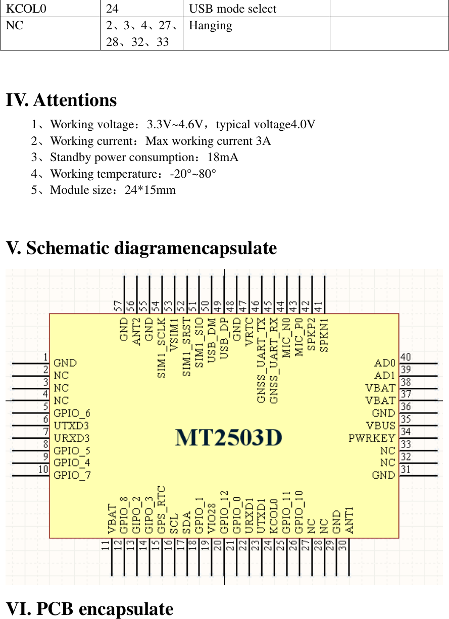 KCOL0 24 USB mode select  NC 2、3、4、27、28、32、33 Hanging   IV. Attentions 1、Working voltage：3.3V~4.6V，typical voltage4.0V 2、Working current：Max working current 3A 3、Standby power consumption：18mA 4、Working temperature：-20°~80° 5、Module size：24*15mm  V. Schematic diagramencapsulate  VI. PCB encapsulate 