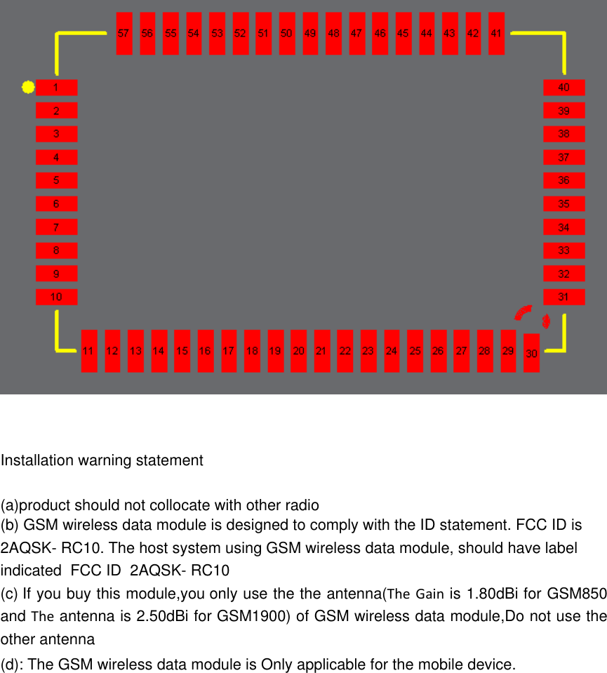    Installation warning statement (a)product should not collocate with other radio  (b) GSM wireless data module is designed to comply with the ID statement. FCC ID is  2AQSK- RC10. The host system using GSM wireless data module, should have label  indicated  FCC ID  2AQSK- RC10 (c) If you buy this module,you only use the the antenna(The  Gain is 1.80dBi for GSM850 and The antenna is 2.50dBi for GSM1900) of GSM wireless data module,Do not use the other antenna (d): The GSM wireless data module is Only applicable for the mobile device.               