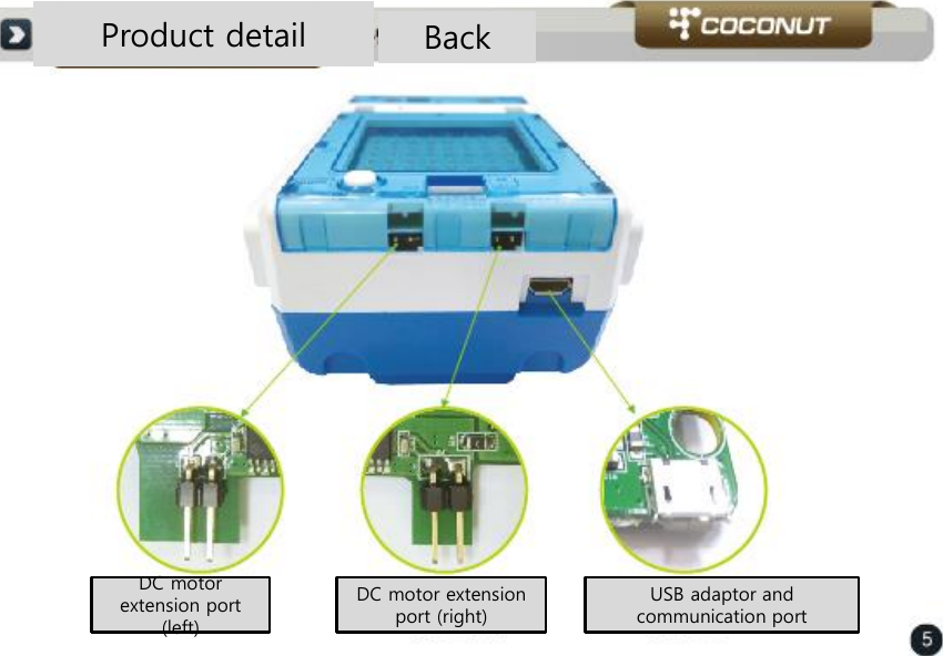 Product detail  Back DC motor extension port (left) DC motor extension port (right) USB adaptor and communication port  