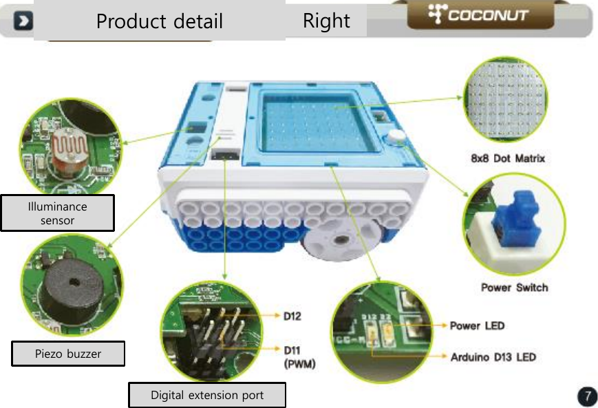 Product detail  Right Illuminance sensor Piezo buzzer Digital extension port  