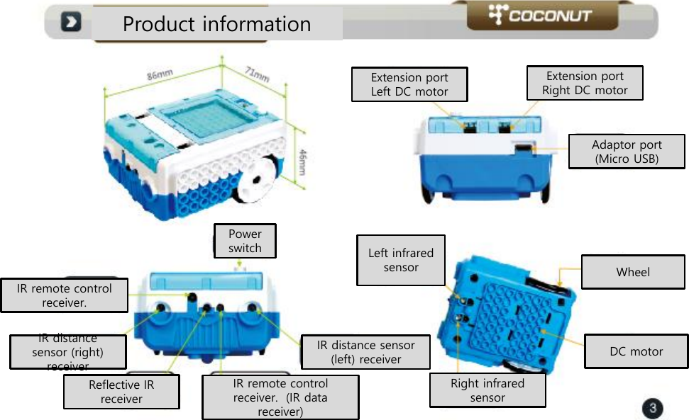 Product information Power switch IR remote control receiver.  IR distance sensor (left) receiver IR remote control receiver.  (IR data receiver)  IR distance sensor (right) receiver Reflective IR  receiver Extension port  Left DC motor Extension port  Right DC motor Adaptor port (Micro USB) Left infrared sensor Right infrared sensor DC motor Wheel 
