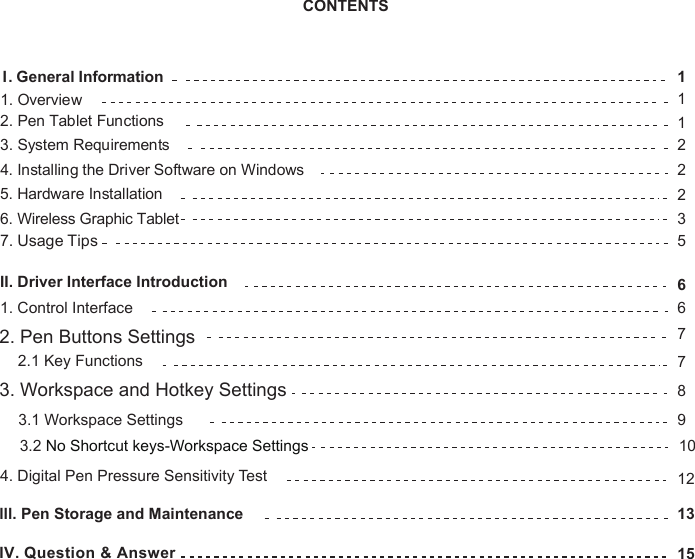 CONTENTS11122235667789121315I.   General Information1. Overview2. Pen Tablet Functions3. System Requirements4. Installing the Driver Software on Windows5. Hardware InstallationIV. Question &amp; AnswerII. Driver Interface Introduction1. Control Interface2.1 Key Functions4. Digital Pen Pressure Sensitivity Test6. Wireless Graphic Tablet2. Pen Buttons Settingslll. Pen Storage and Maintenance 3. Workspace and Hotkey Settings3.1 Workspace Settings103.2 No Shortcut keys-Workspace Settings7. Usage Tips