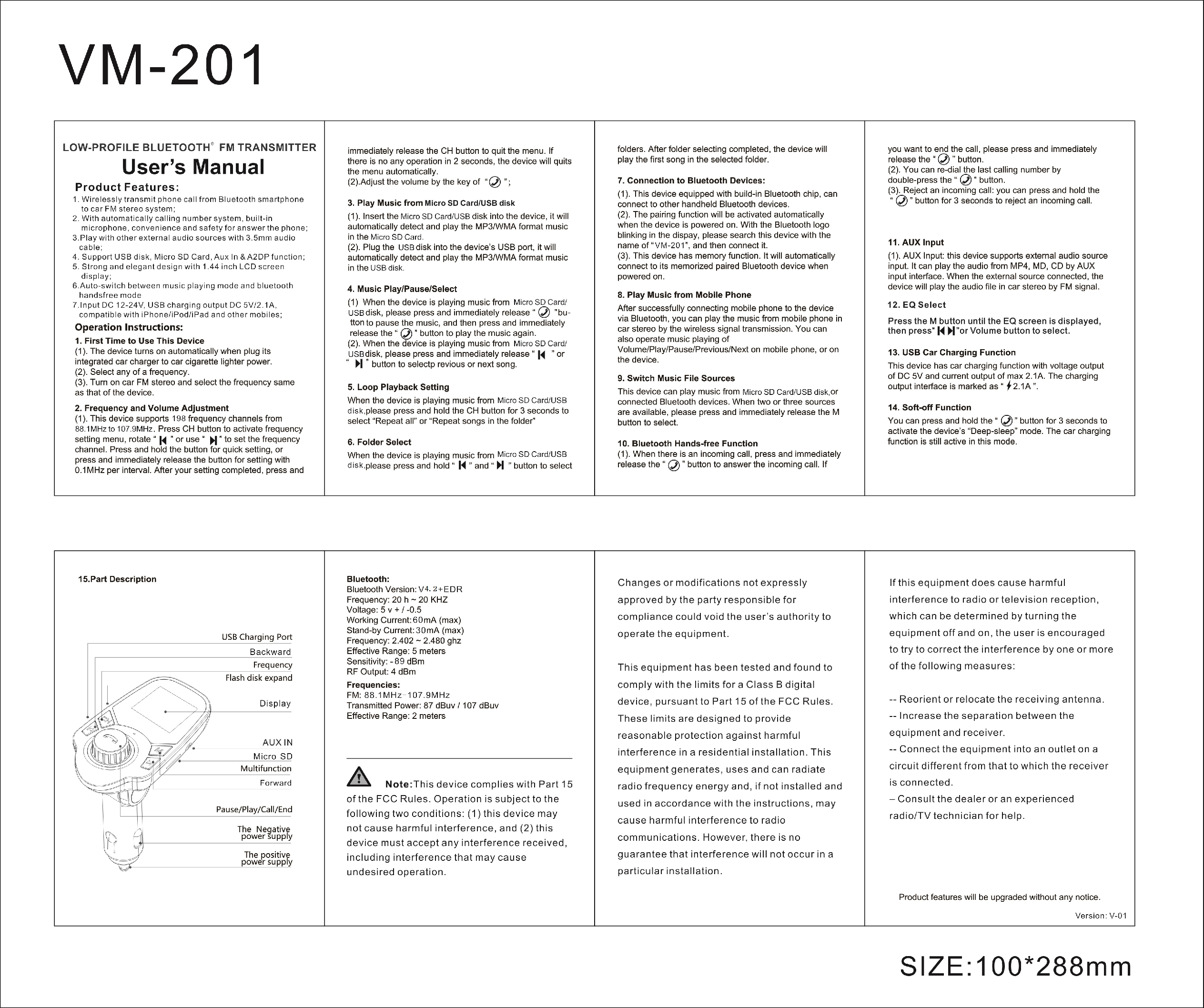 Huizhou Artsun VM201 Low Profile Bluetooth FM Transmitter User Manual