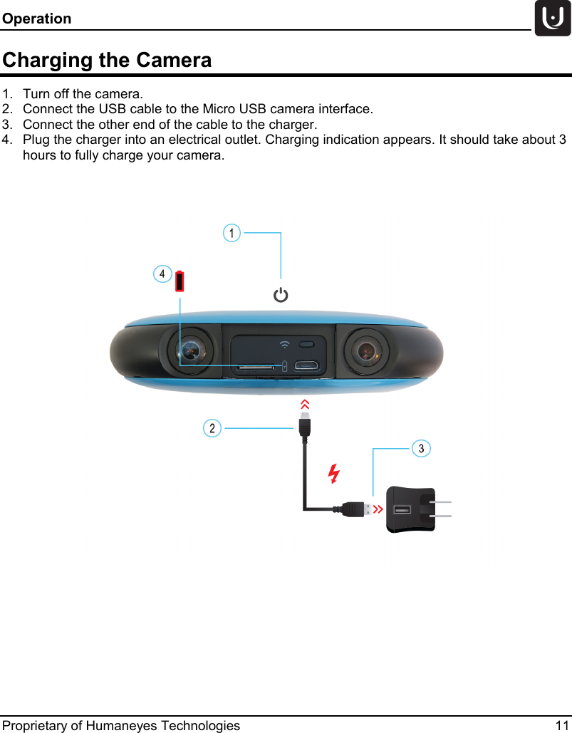Operation   Proprietary of Humaneyes Technologies 11 Charging the Camera 1. Turn off the camera. 2. Connect the USB cable to the Micro USB camera interface. 3. Connect the other end of the cable to the charger. 4. Plug the charger into an electrical outlet. Charging indication appears. It should take about 3 hours to fully charge your camera.        
