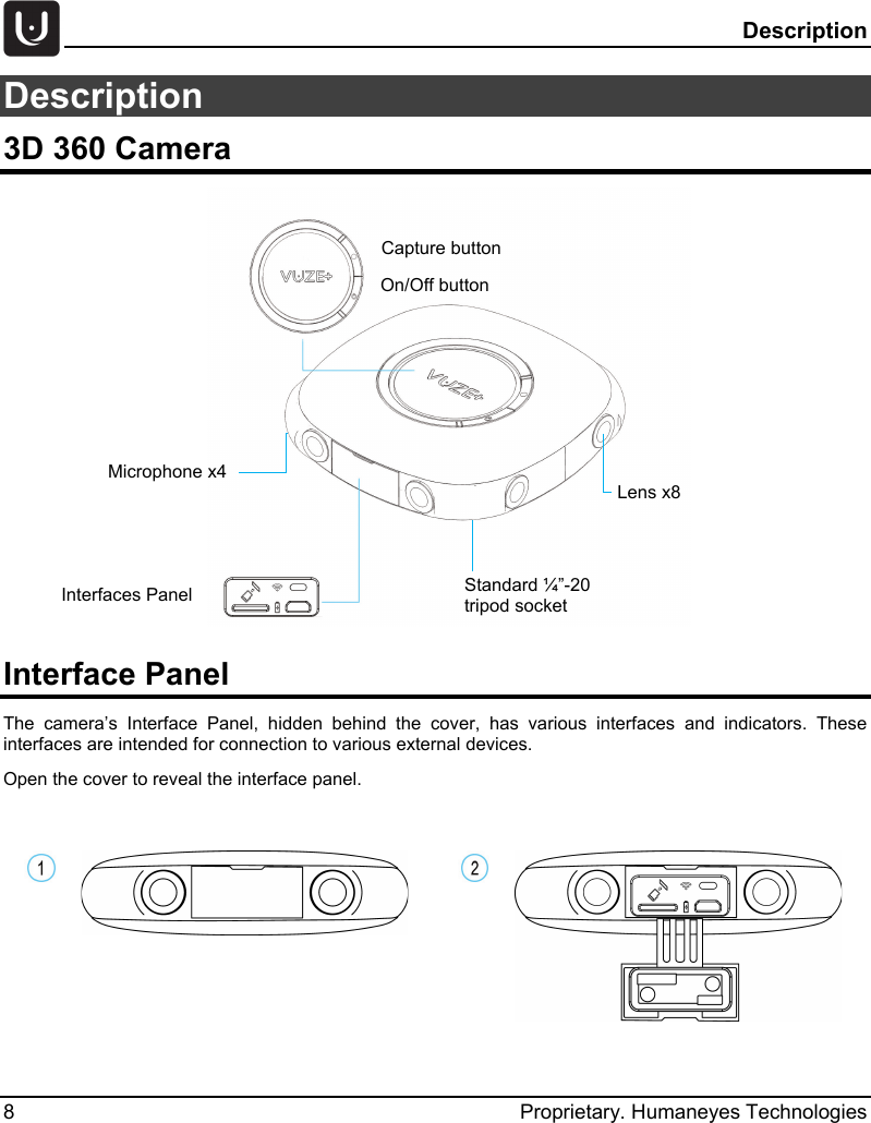   Description 8  Proprietary. Humaneyes Technologies Description 3D 360 Camera   Interface Panel The camera&rsquo;s Interface Panel, hidden behind the cover, has various interfaces and indicators. These interfaces are intended for connection to various external devices. Open the cover to reveal the interface panel.       Standard &frac14;&rdquo;-20 tripod socket Capture button On/Off button Interfaces Panel Lens x8 Microphone x4 