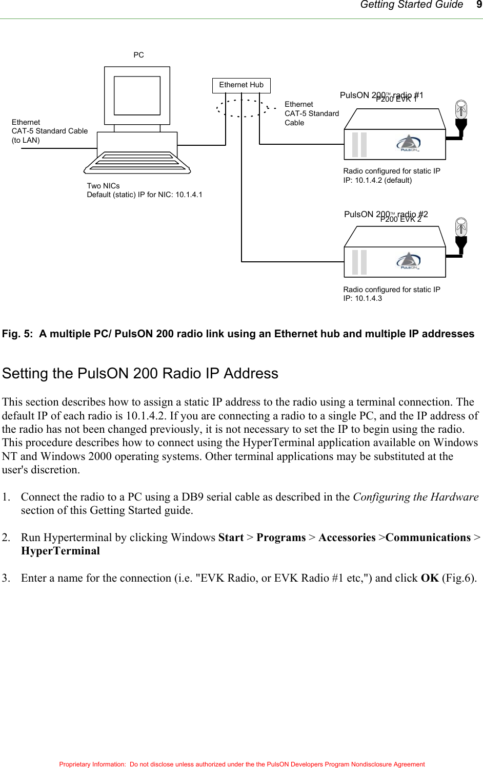   Getting Started Guide 9Ethernet HubEthernetCAT-5 StandardCableP200 EVK 1Two NICsDefault (static) IP for NIC: 10.1.4.1EthernetCAT-5 Standard Cable(to LAN)P200 EVK 2Radio configured for static IPIP: 10.1.4.2 (default)Radio configured for static IPIP: 10.1.4.3PCPulsON 200TM radio #1 PulsON 200TM radio #2   Fig. 5:  A multiple PC/ PulsON 200 radio link using an Ethernet hub and multiple IP addresses Setting the PulsON 200 Radio IP Address  This section describes how to assign a static IP address to the radio using a terminal connection. The default IP of each radio is 10.1.4.2. If you are connecting a radio to a single PC, and the IP address of the radio has not been changed previously, it is not necessary to set the IP to begin using the radio. This procedure describes how to connect using the HyperTerminal application available on Windows NT and Windows 2000 operating systems. Other terminal applications may be substituted at the user&apos;s discretion.  1.  Connect the radio to a PC using a DB9 serial cable as described in the Configuring the Hardware section of this Getting Started guide.  2.  Run Hyperterminal by clicking Windows Start &gt; Programs &gt; Accessories &gt;Communications &gt; HyperTerminal  3.  Enter a name for the connection (i.e. &quot;EVK Radio, or EVK Radio #1 etc,&quot;) and click OK (Fig.6).  Proprietary Information:  Do not disclose unless authorized under the the PulsON Developers Program Nondisclosure Agreement 