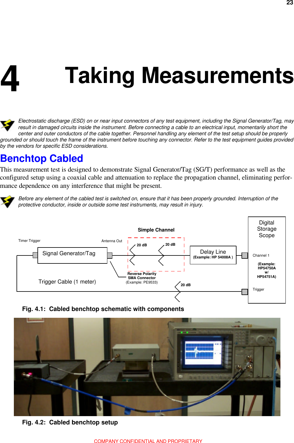 23Chapter 4: Taking MeasurementsCOMPANY CONFIDENTIAL AND PROPRIETARYElectrostatic discharge (ESD) on or near input connectors of any test equipment, including the Signal Generator/Tag, mayresult in damaged circuits inside the instrument. Before connecting a cable to an electrical input, momentarily short thecenter and outer conductors of the cable together. Personnel handling any element of the test setup should be properlygrounded or should touch the frame of the instrument before touching any connector. Refer to the test equipment guides providedby the vendors for specific ESD considerations.Benchtop CabledThis measurement test is designed to demonstrate Signal Generator/Tag (SG/T) performance as well as theconfigured setup using a coaxial cable and attenuation to replace the propagation channel, eliminating perfor-mance dependence on any interference that might be present.Before any element of the cabled test is switched on, ensure that it has been properly grounded. Interruption of theprotective conductor, inside or outside some test instruments, may result in injury.Fig. 4.2:  Cabled benchtop setupFig. 4.1:  Cabled benchtop schematic with components4   Signal Generator/Tag Antenna Out Timer Trigger Reverse Polarity SMA Connector (Example: PE9533) 20 dB Simple Channel Digital Storage Scope    Channel 1       (Example: HP54750A w/ HP54751A)   Trigger 20 dB 20 dB Trigger Cable (1 meter) Delay Line (Example: HP 54008A ) Taking Measurements