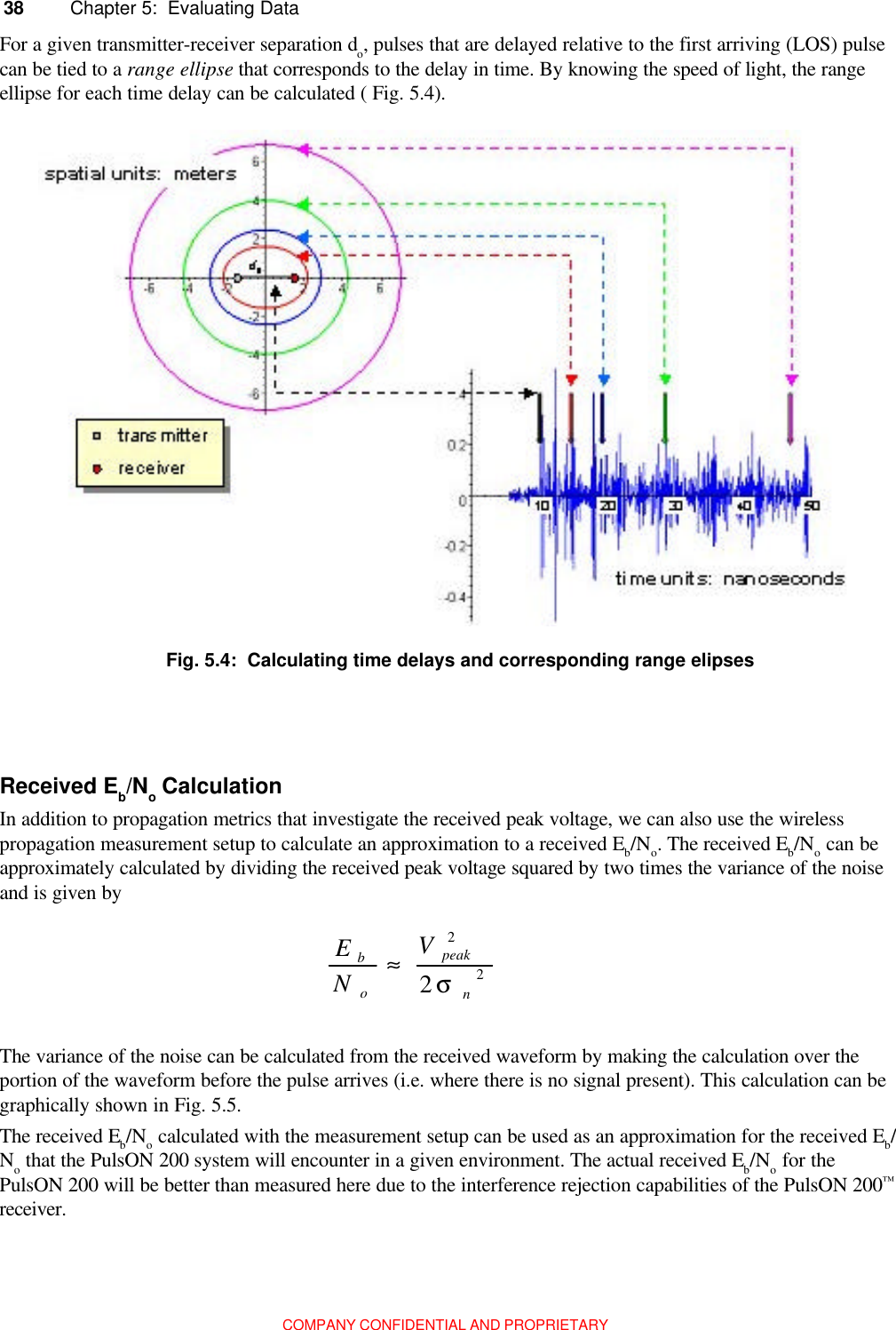 38 Chapter 5:  Evaluating DataCOMPANY CONFIDENTIAL AND PROPRIETARYThe variance of the noise can be calculated from the received waveform by making the calculation over theportion of the waveform before the pulse arrives (i.e. where there is no signal present). This calculation can begraphically shown in Fig. 5.5.The received Eb/No calculated with the measurement setup can be used as an approximation for the received Eb/No that the PulsON 200 system will encounter in a given environment. The actual received Eb/No for thePulsON 200 will be better than measured here due to the interference rejection capabilities of the PulsON 200™receiver.For a given transmitter-receiver separation do, pulses that are delayed relative to the first arriving (LOS) pulsecan be tied to a range ellipse that corresponds to the delay in time. By knowing the speed of light, the rangeellipse for each time delay can be calculated ( Fig. 5.4).Fig. 5.4:  Calculating time delays and corresponding range elipsesReceived Eb/No CalculationIn addition to propagation metrics that investigate the received peak voltage, we can also use the wirelesspropagation measurement setup to calculate an approximation to a received Eb/No. The received Eb/No can beapproximately calculated by dividing the received peak voltage squared by two times the variance of the noiseand is given by222npeakobVNEσ≈