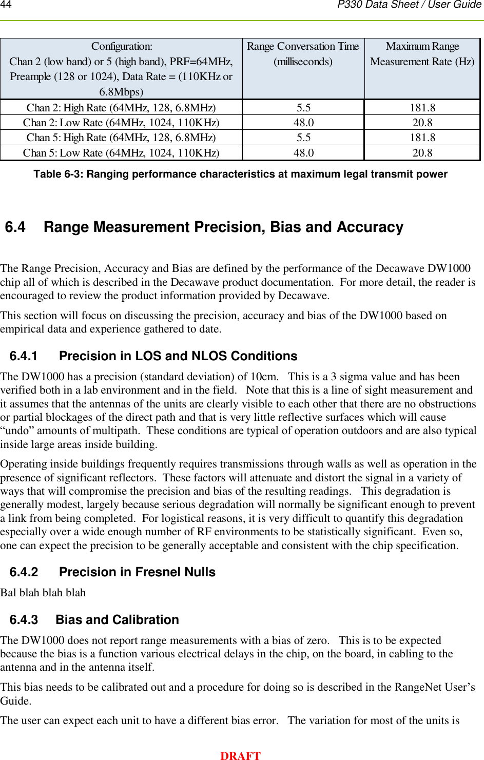 44      P330 Data Sheet / User Guide  DRAFT  Table 6-3: Ranging performance characteristics at maximum legal transmit power  6.4  Range Measurement Precision, Bias and Accuracy  The Range Precision, Accuracy and Bias are defined by the performance of the Decawave DW1000 chip all of which is described in the Decawave product documentation.  For more detail, the reader is encouraged to review the product information provided by Decawave. This section will focus on discussing the precision, accuracy and bias of the DW1000 based on empirical data and experience gathered to date.    6.4.1     Precision in LOS and NLOS Conditions   The DW1000 has a precision (standard deviation) of 10cm.   This is a 3 sigma value and has been verified both in a lab environment and in the field.   Note that this is a line of sight measurement and it assumes that the antennas of the units are clearly visible to each other that there are no obstructions or partial blockages of the direct path and that is very little reflective surfaces which will cause “undo” amounts of multipath.  These conditions are typical of operation outdoors and are also typical inside large areas inside building. Operating inside buildings frequently requires transmissions through walls as well as operation in the presence of significant reflectors.  These factors will attenuate and distort the signal in a variety of ways that will compromise the precision and bias of the resulting readings.   This degradation is generally modest, largely because serious degradation will normally be significant enough to prevent a link from being completed.  For logistical reasons, it is very difficult to quantify this degradation especially over a wide enough number of RF environments to be statistically significant.  Even so, one can expect the precision to be generally acceptable and consistent with the chip specification. 6.4.2     Precision in Fresnel Nulls   Bal blah blah blah 6.4.3    Bias and Calibration The DW1000 does not report range measurements with a bias of zero.   This is to be expected because the bias is a function various electrical delays in the chip, on the board, in cabling to the antenna and in the antenna itself.  This bias needs to be calibrated out and a procedure for doing so is described in the RangeNet User’s Guide. The user can expect each unit to have a different bias error.   The variation for most of the units is Configuration:                                                              Chan 2 (low band) or 5 (high band), PRF=64MHz, Preample (128 or 1024), Data Rate = (110KHz or 6.8Mbps)Range Conversation Time (milliseconds)Maximum Range Measurement Rate (Hz)Chan 2: High Rate (64MHz, 128, 6.8MHz) 5.5 181.8Chan 2: Low Rate (64MHz, 1024, 110KHz) 48.0 20.8Chan 5: High Rate (64MHz, 128, 6.8MHz) 5.5 181.8Chan 5: Low Rate (64MHz, 1024, 110KHz) 48.0 20.8