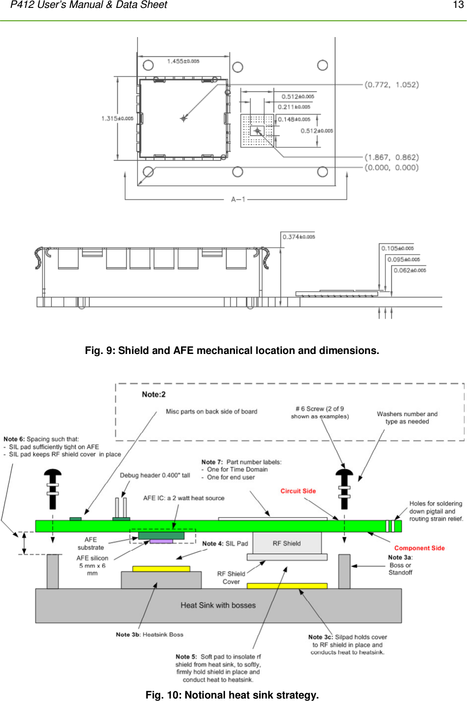 P412 User’s Manual &amp; Data Sheet       13        Fig. 9: Shield and AFE mechanical location and dimensions.   Fig. 10: Notional heat sink strategy. 