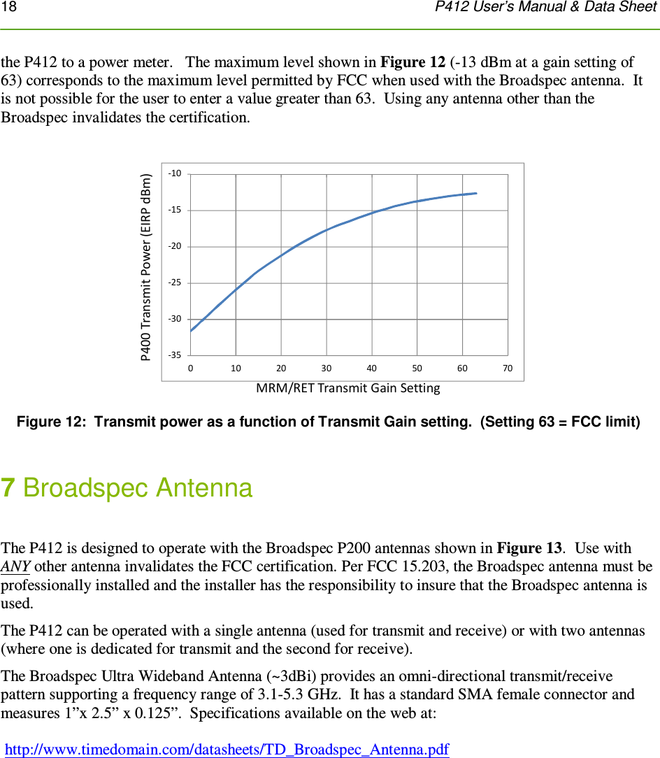 18    P412 User’s Manual &amp; Data Sheet  the P412 to a power meter.   The maximum level shown in Figure 12 (-13 dBm at a gain setting of 63) corresponds to the maximum level permitted by FCC when used with the Broadspec antenna.  It is not possible for the user to enter a value greater than 63.  Using any antenna other than the Broadspec invalidates the certification.  -35-30-25-20-15-100 10 20 30 40 50 60 70MRM/RET Transmit Gain SettingP400 Transmit Power (EIRP dBm) Figure 12:  Transmit power as a function of Transmit Gain setting.  (Setting 63 = FCC limit)   7 Broadspec Antenna  The P412 is designed to operate with the Broadspec P200 antennas shown in Figure 13.  Use with ANY other antenna invalidates the FCC certification. Per FCC 15.203, the Broadspec antenna must be professionally installed and the installer has the responsibility to insure that the Broadspec antenna is used. The P412 can be operated with a single antenna (used for transmit and receive) or with two antennas (where one is dedicated for transmit and the second for receive). The Broadspec Ultra Wideband Antenna (~3dBi) provides an omni-directional transmit/receive pattern supporting a frequency range of 3.1-5.3 GHz.  It has a standard SMA female connector and  measures 1”x 2.5” x 0.125”.  Specifications available on the web at:   http://www.timedomain.com/datasheets/TD_Broadspec_Antenna.pdf   