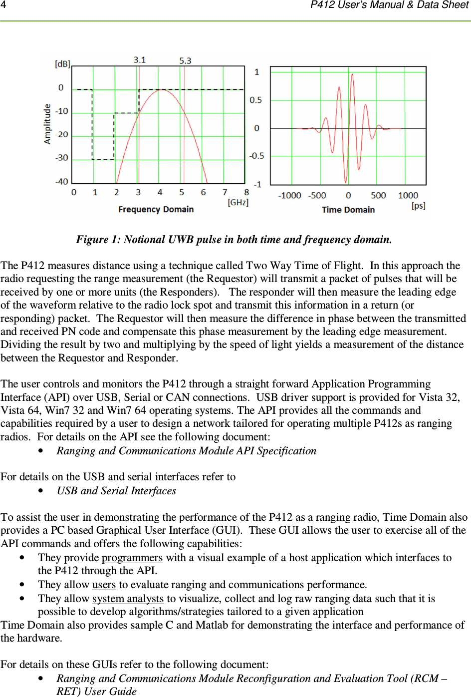 4    P412 User’s Manual &amp; Data Sheet     Figure 1: Notional UWB pulse in both time and frequency domain.  The P412 measures distance using a technique called Two Way Time of Flight.  In this approach the radio requesting the range measurement (the Requestor) will transmit a packet of pulses that will be received by one or more units (the Responders).   The responder will then measure the leading edge of the waveform relative to the radio lock spot and transmit this information in a return (or responding) packet.  The Requestor will then measure the difference in phase between the transmitted and received PN code and compensate this phase measurement by the leading edge measurement.  Dividing the result by two and multiplying by the speed of light yields a measurement of the distance between the Requestor and Responder.  The user controls and monitors the P412 through a straight forward Application Programming Interface (API) over USB, Serial or CAN connections.  USB driver support is provided for Vista 32, Vista 64, Win7 32 and Win7 64 operating systems. The API provides all the commands and capabilities required by a user to design a network tailored for operating multiple P412s as ranging radios.  For details on the API see the following document: • Ranging and Communications Module API Specification  For details on the USB and serial interfaces refer to • USB and Serial Interfaces  To assist the user in demonstrating the performance of the P412 as a ranging radio, Time Domain also provides a PC based Graphical User Interface (GUI).  These GUI allows the user to exercise all of the API commands and offers the following capabilities: • They provide programmers with a visual example of a host application which interfaces to the P412 through the API. • They allow users to evaluate ranging and communications performance. • They allow system analysts to visualize, collect and log raw ranging data such that it is possible to develop algorithms/strategies tailored to a given application Time Domain also provides sample C and Matlab for demonstrating the interface and performance of the hardware.  For details on these GUIs refer to the following document: • Ranging and Communications Module Reconfiguration and Evaluation Tool (RCM –RET) User Guide  