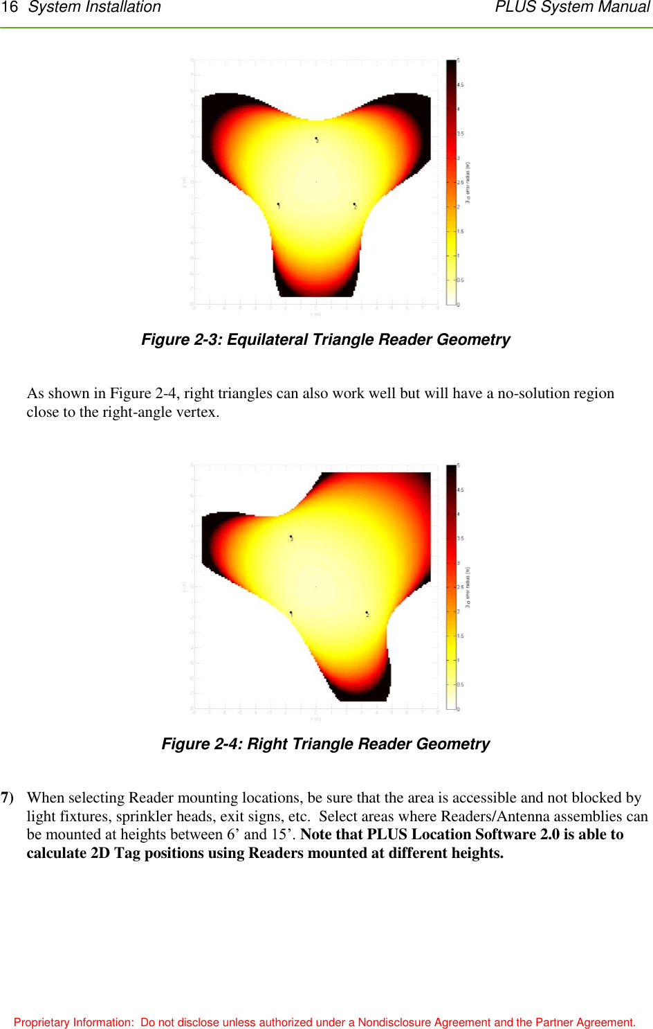 16  System Installation   PLUS System Manual  Proprietary Information:  Do not disclose unless authorized under a Nondisclosure Agreement and the Partner Agreement.  Figure 2-3: Equilateral Triangle Reader Geometry  As shown in Figure 2-4, right triangles can also work well but will have a no-solution region close to the right-angle vertex.   Figure 2-4: Right Triangle Reader Geometry  7) When selecting Reader mounting locations, be sure that the area is accessible and not blocked by light fixtures, sprinkler heads, exit signs, etc.  Select areas where Readers/Antenna assemblies can be mounted at heights between 6’ and 15’. Note that PLUS Location Software 2.0 is able to calculate 2D Tag positions using Readers mounted at different heights.  