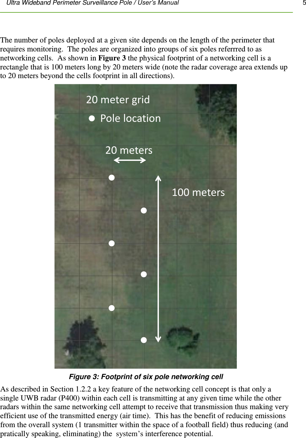 Ultra Wideband Perimeter Surveillance Pole / User’s Manual       5          The number of poles deployed at a given site depends on the length of the perimeter that requires monitoring.  The poles are organized into groups of six poles referrred to as networking cells.  As shown in Figure 3 the physical footprint of a networking cell is a rectangle that is 100 meters long by 20 meters wide (note the radar coverage area extends up to 20 meters beyond the cells footprint in all directions).    100 meters20 meters20 meter gridPole location Figure 3: Footprint of six pole networking cell As described in Section 1.2.2 a key feature of the networking cell concept is that only a single UWB radar (P400) within each cell is transmitting at any given time while the other radars within the same networking cell attempt to receive that transmission thus making very efficient use of the transmitted energy (air time).  This has the benefit of reducing emissions from the overall system (1 transmitter within the space of a football field) thus reducing (and pratically speaking, eliminating) the  system’s interference potential. 