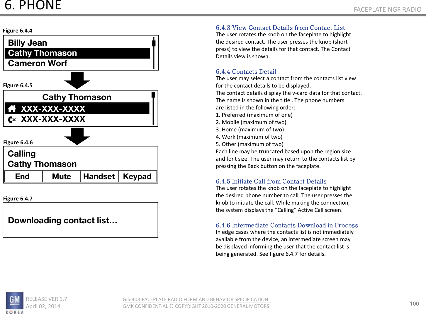 100 RELEASE VER 1.7                          April 02, 2014 GIS-403-FACEPLATE RADIO FORM AND BEHAVIOR SPECIFICATION GMK CONFIDENTIAL © COPYRIGHT 2010-2020 GENERAL MOTORS FACEPLATE NGF RADIO 6. PHONE 6.4.3 View Contact Details from Contact List The user rotates the knob on the faceplate to highlight the desired contact. The user presses the knob (short press) to view the details for that contact. The Contact Details view is shown.  6.4.4 Contacts Detail The user may select a contact from the contacts list view for the contact details to be displayed. The contact details display the v-card data for that contact. The name is shown in the title . The phone numbers are listed in the following order: 1. Preferred (maximum of one) 2. Mobile (maximum of two) 3. Home (maximum of two) 4. Work (maximum of two) 5. Other (maximum of two) Each line may be truncated based upon the region size and font size. The user may return to the contacts list by pressing the Back button on the faceplate.  6.4.5 Initiate Call from Contact Details The user rotates the knob on the faceplate to highlight the desired phone number to call. The user presses the knob to initiate the call. While making the connection, the sste displas the Callig Atie Call see.  6.4.6 Intermediate Contacts Download in Process In edge cases where the contacts list is not immediately available from the device, an intermediate screen may be displayed informing the user that the contact list is being generated. See figure 6.4.7 for details. Figure 6.4.4 Figure 6.4.5 Figure 6.4.6 Figure 6.4.7 Calling Cathy Thomason End  Mute  Handset Keypad Billy Jean Cathy Thomason Cameron Worf Cathy Thomason XXX-XXX-XXXX XXX-XXX-XXXX Downloading contact list… 
