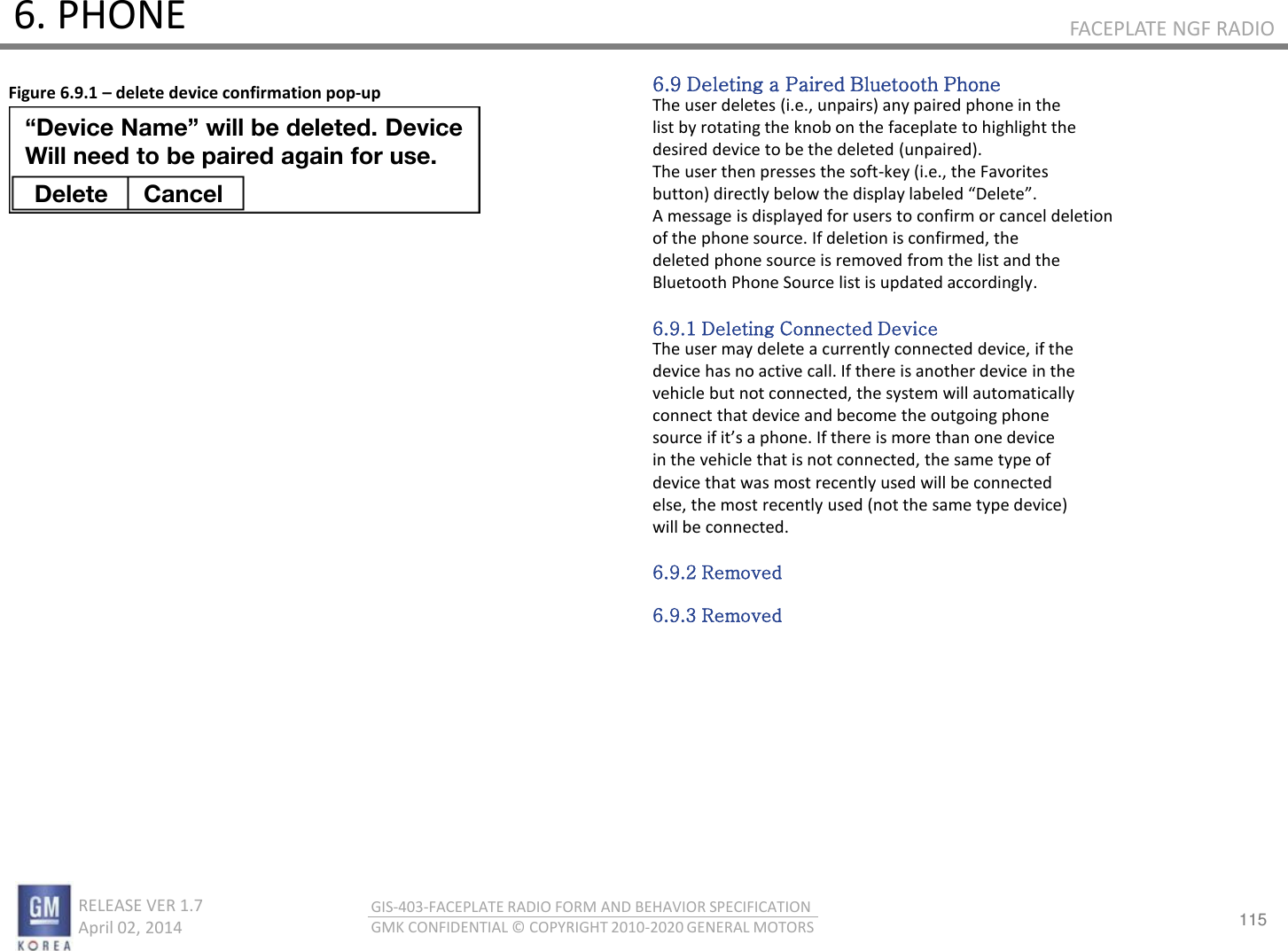 115 RELEASE VER 1.7                          April 02, 2014 GIS-403-FACEPLATE RADIO FORM AND BEHAVIOR SPECIFICATION GMK CONFIDENTIAL © COPYRIGHT 2010-2020 GENERAL MOTORS FACEPLATE NGF RADIO 6. PHONE 6.9 Deleting a Paired Bluetooth Phone The user deletes (i.e., unpairs) any paired phone in the list by rotating the knob on the faceplate to highlight the desired device to be the deleted (unpaired). The user then presses the soft-key (i.e., the Favorites utto dietl elo the displa laeled Delete. A message is displayed for users to confirm or cancel deletion of the phone source. If deletion is confirmed, the deleted phone source is removed from the list and the Bluetooth Phone Source list is updated accordingly.  6.9.1 Deleting Connected Device The user may delete a currently connected device, if the device has no active call. If there is another device in the vehicle but not connected, the system will automatically connect that device and become the outgoing phone soue if its a phoe. If thee is oe tha oe deie in the vehicle that is not connected, the same type of device that was most recently used will be connected else, the most recently used (not the same type device) will be connected.  6.9.2 Removed  6.9.3 Removed Figure 6.9.1 – delete device confirmation pop-up “Device Name” will be deleted. Device Will need to be paired again for use. Delete  Cancel 