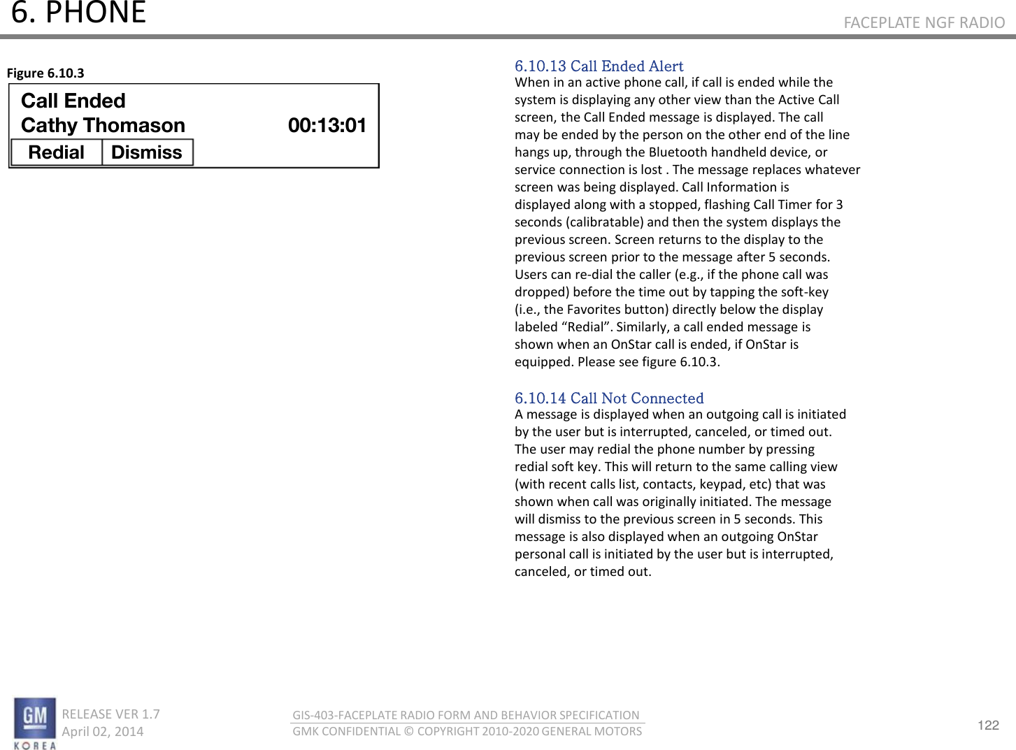 122 RELEASE VER 1.7                          April 02, 2014 GIS-403-FACEPLATE RADIO FORM AND BEHAVIOR SPECIFICATION GMK CONFIDENTIAL © COPYRIGHT 2010-2020 GENERAL MOTORS FACEPLATE NGF RADIO 6. PHONE 6.10.13 Call Ended Alert When in an active phone call, if call is ended while the system is displaying any other view than the Active Call screen, the Call Ended message is displayed. The call may be ended by the person on the other end of the line hangs up, through the Bluetooth handheld device, or service connection is lost . The message replaces whatever screen was being displayed. Call Information is displayed along with a stopped, flashing Call Timer for 3 seconds (calibratable) and then the system displays the previous screen. Screen returns to the display to the previous screen prior to the message after 5 seconds. Users can re-dial the caller (e.g., if the phone call was dropped) before the time out by tapping the soft-key (i.e., the Favorites button) directly below the display laeled ‘edial. “iilal, a all eded essage is shown when an OnStar call is ended, if OnStar is equipped. Please see figure 6.10.3.  6.10.14 Call Not Connected A message is displayed when an outgoing call is initiated by the user but is interrupted, canceled, or timed out. The user may redial the phone number by pressing redial soft key. This will return to the same calling view (with recent calls list, contacts, keypad, etc) that was shown when call was originally initiated. The message will dismiss to the previous screen in 5 seconds. This message is also displayed when an outgoing OnStar personal call is initiated by the user but is interrupted, canceled, or timed out. Figure 6.10.3 Call Ended Cathy Thomason Redial  Dismiss  00:13:01 