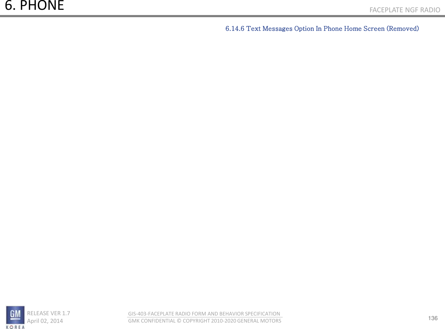 136 RELEASE VER 1.7                          April 02, 2014 GIS-403-FACEPLATE RADIO FORM AND BEHAVIOR SPECIFICATION GMK CONFIDENTIAL © COPYRIGHT 2010-2020 GENERAL MOTORS FACEPLATE NGF RADIO 6. PHONE 6.14.6 Text Messages Option In Phone Home Screen (Removed) 