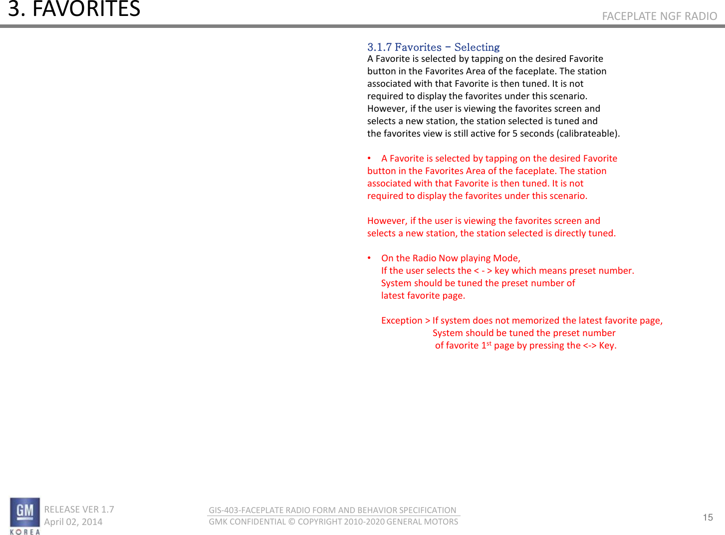 15 RELEASE VER 1.7                          April 02, 2014 GIS-403-FACEPLATE RADIO FORM AND BEHAVIOR SPECIFICATION GMK CONFIDENTIAL © COPYRIGHT 2010-2020 GENERAL MOTORS FACEPLATE NGF RADIO 3. FAVORITES 3.1.7 Favorites - Selecting A Favorite is selected by tapping on the desired Favorite button in the Favorites Area of the faceplate. The station associated with that Favorite is then tuned. It is not required to display the favorites under this scenario. However, if the user is viewing the favorites screen and selects a new station, the station selected is tuned and the favorites view is still active for 5 seconds (calibrateable).  •A Favorite is selected by tapping on the desired Favorite button in the Favorites Area of the faceplate. The station associated with that Favorite is then tuned. It is not required to display the favorites under this scenario.  However, if the user is viewing the favorites screen and selects a new station, the station selected is directly tuned.  •On the Radio Now playing Mode,       If the user selects the &lt; - &gt; key which means preset number.        System should be tuned the preset number of        latest favorite page.        Exception &gt; If system does not memorized the latest favorite page,                             System should be tuned the preset number                              of favorite 1st page by pressing the &lt;-&gt; Key.  