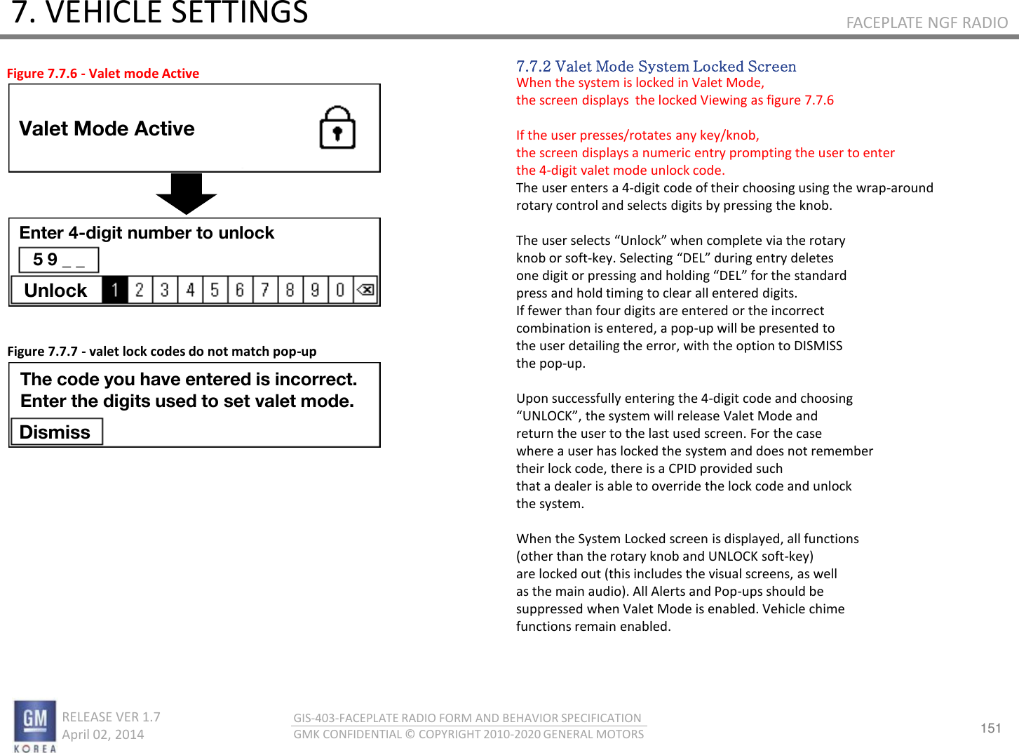 151 RELEASE VER 1.7                          April 02, 2014 GIS-403-FACEPLATE RADIO FORM AND BEHAVIOR SPECIFICATION GMK CONFIDENTIAL © COPYRIGHT 2010-2020 GENERAL MOTORS FACEPLATE NGF RADIO 7. VEHICLE SETTINGS 7.7.2 Valet Mode System Locked Screen When the system is locked in Valet Mode,  the screen displays  the locked Viewing as figure 7.7.6  If the user presses/rotates any key/knob, the screen displays a numeric entry prompting the user to enter the 4-digit valet mode unlock code.  The user enters a 4-digit code of their choosing using the wrap-around rotary control and selects digits by pressing the knob.  The use selets Ulok he oplete ia the ota knob or soft-ke. “eletig DEL duig et deletes oe digit o pessig ad holdig DEL fo the stadad press and hold timing to clear all entered digits. If fewer than four digits are entered or the incorrect combination is entered, a pop-up will be presented to the user detailing the error, with the option to DISMISS the pop-up.  Upon successfully entering the 4-digit code and choosing UNLOCK, the sste ill elease Valet Mode ad return the user to the last used screen. For the case where a user has locked the system and does not remember their lock code, there is a CPID provided such that a dealer is able to override the lock code and unlock the system.  When the System Locked screen is displayed, all functions (other than the rotary knob and UNLOCK soft-key) are locked out (this includes the visual screens, as well as the main audio). All Alerts and Pop-ups should be suppressed when Valet Mode is enabled. Vehicle chime functions remain enabled. Figure 7.7.6 - Valet mode Active Figure 7.7.7 - valet lock codes do not match pop-up Enter 4-digit number to unlock 5 9 _ _ Unlock The code you have entered is incorrect. Enter the digits used to set valet mode. Dismiss Valet Mode Active 