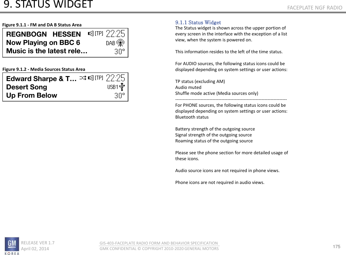 175 RELEASE VER 1.7                          April 02, 2014 GIS-403-FACEPLATE RADIO FORM AND BEHAVIOR SPECIFICATION GMK CONFIDENTIAL © COPYRIGHT 2010-2020 GENERAL MOTORS FACEPLATE NGF RADIO 9. STATUS WIDGET 9.1.1 Status Widget The Status widget is shown across the upper portion of every screen in the interface with the exception of a list view, when the system is powered on.  This information resides to the left of the time status.  For AUDIO sources, the following status icons could be displayed depending on system settings or user actions:  TP status (excluding AM) Audio muted Shuffle mode active (Media sources only) --------------------------------------------------------------------------- For PHONE sources, the following status icons could be displayed depending on system settings or user actions: Bluetooth status  Battery strength of the outgoing source Signal strength of the outgoing source Roaming status of the outgoing source  Please see the phone section for more detailed usage of these icons.  Audio source icons are not required in phone views.  Phone icons are not required in audio views. Figure 9.1.1 - FM and DA B Status Area Figure 9.1.2 - Media Sources Status Area REGNBOGN   HESSEN Now Playing on BBC 6  Music is the latest rele… Edward Sharpe &amp; T… Desert Song Up From Below 