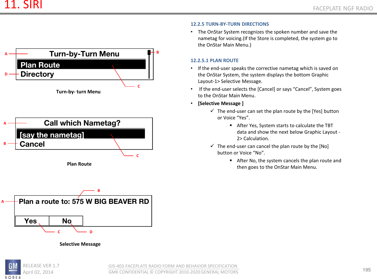 195 RELEASE VER 1.7                          April 02, 2014 GIS-403-FACEPLATE RADIO FORM AND BEHAVIOR SPECIFICATION GMK CONFIDENTIAL © COPYRIGHT 2010-2020 GENERAL MOTORS FACEPLATE NGF RADIO 11. SIRI 12.2.5 TURN-BY-TURN DIRECTIONS •The OnStar System recognizes the spoken number and save the nametag for voicing.(If the Store is completed, the system go to the OnStar Main Menu.)  12.2.5.1 PLAN ROUTE •If the end-user speaks the corrective nametag which is saved on the OnStar System, the system displays the bottom Graphic Layout-1&gt; Selective Message. • If the end-use selets the [Cael] o sas Cael, “ste goes to the OnStar Main Menu. •[Selective Message ] The end-user can set the plan route by the [Yes] button o Voie Yes. After Yes, System starts to calculate the TBT data and show the next below Graphic Layout -2&gt; Calculation.   The end-user can cancel the plan route by the [No] utto o Voie No. After No, the system cancels the plan route and then goes to the OnStar Main Menu.       Turn-by- turn Menu Plan Route Selective Message Turn-by-Turn Menu Plan Route Directory B C A D Call which Nametag? [say the nametag] Cancel C A B Plan a route to: 575 W BIG BEAVER RD Yes No C A B D 