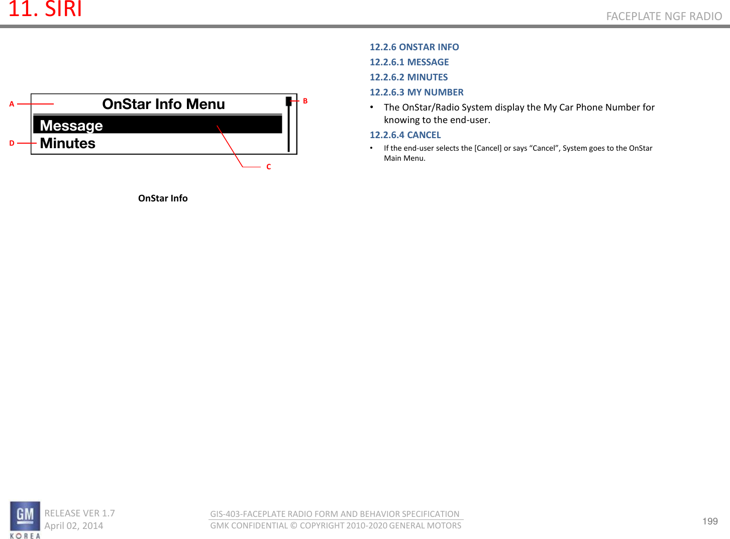 199 RELEASE VER 1.7                          April 02, 2014 GIS-403-FACEPLATE RADIO FORM AND BEHAVIOR SPECIFICATION GMK CONFIDENTIAL © COPYRIGHT 2010-2020 GENERAL MOTORS FACEPLATE NGF RADIO 11. SIRI 12.2.6 ONSTAR INFO 12.2.6.1 MESSAGE 12.2.6.2 MINUTES 12.2.6.3 MY NUMBER •The OnStar/Radio System display the My Car Phone Number for knowing to the end-user. 12.2.6.4 CANCEL •If the end-use selets the [Cael] o sas Cael, “ste goes to the O“ta Main Menu.    OnStar Info OnStar Info Menu Message Minutes B C A D 
