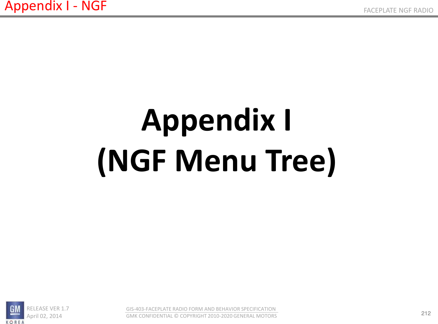 212 RELEASE VER 1.7                          April 02, 2014 GIS-403-FACEPLATE RADIO FORM AND BEHAVIOR SPECIFICATION GMK CONFIDENTIAL © COPYRIGHT 2010-2020 GENERAL MOTORS FACEPLATE NGF RADIO Appendix I - NGF Appendix I (NGF Menu Tree) 