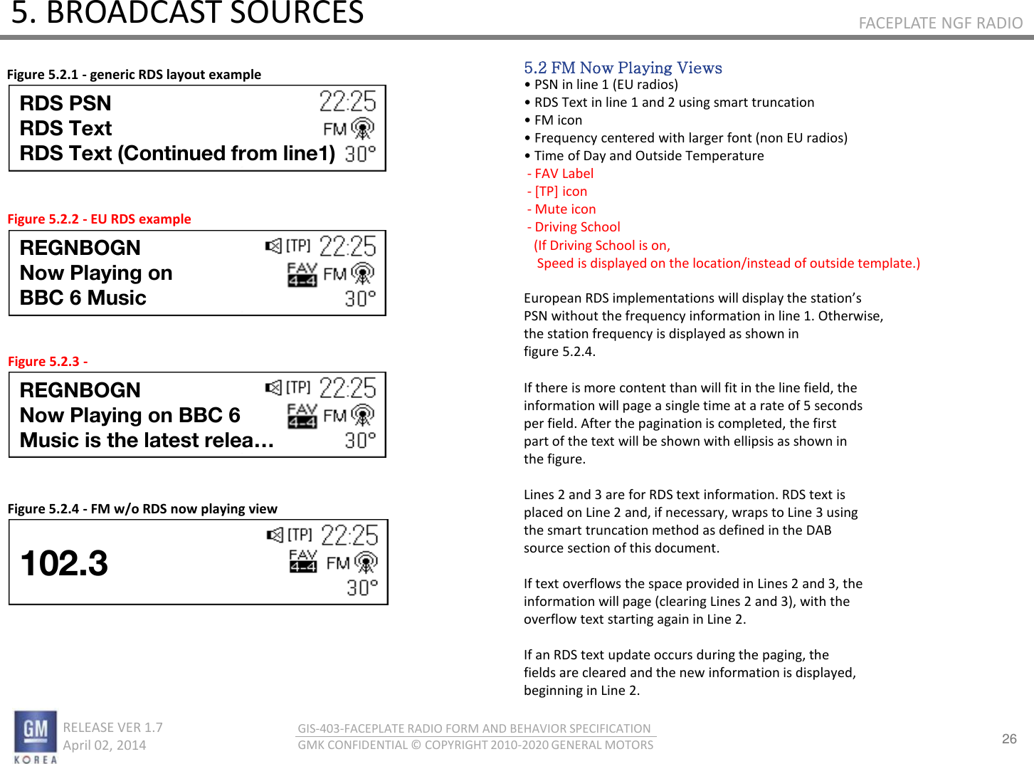26 RELEASE VER 1.7                          April 02, 2014 GIS-403-FACEPLATE RADIO FORM AND BEHAVIOR SPECIFICATION GMK CONFIDENTIAL © COPYRIGHT 2010-2020 GENERAL MOTORS FACEPLATE NGF RADIO 5. BROADCAST SOURCES 5.2 FM Now Playing Views • P“N i lie  EU adios • ‘D“ Tet i lie  ad  usig sat tuatio • FM io • Feue eteed ith lage fot o EU adios • Tie of Da ad Outside Temperature  - FAV Label  - [TP] icon  - Mute icon  - Driving School     (If Driving School is on,      Speed is displayed on the location/instead of outside template.)  Euopea ‘D“ ipleetatios ill displa the statios PSN without the frequency information in line 1. Otherwise, the station frequency is displayed as shown in figure 5.2.4.  If there is more content than will fit in the line field, the information will page a single time at a rate of 5 seconds per field. After the pagination is completed, the first part of the text will be shown with ellipsis as shown in the figure.  Lines 2 and 3 are for RDS text information. RDS text is placed on Line 2 and, if necessary, wraps to Line 3 using the smart truncation method as defined in the DAB source section of this document.  If text overflows the space provided in Lines 2 and 3, the information will page (clearing Lines 2 and 3), with the overflow text starting again in Line 2.  If an RDS text update occurs during the paging, the fields are cleared and the new information is displayed, beginning in Line 2. Figure 5.2.1 - generic RDS layout example Figure 5.2.2 - EU RDS example Figure 5.2.3 - Figure 5.2.4 - FM w/o RDS now playing view RDS PSN RDS Text RDS Text (Continued from line1) REGNBOGN Now Playing on  BBC 6 Music REGNBOGN Now Playing on BBC 6  Music is the latest relea… 102.3 