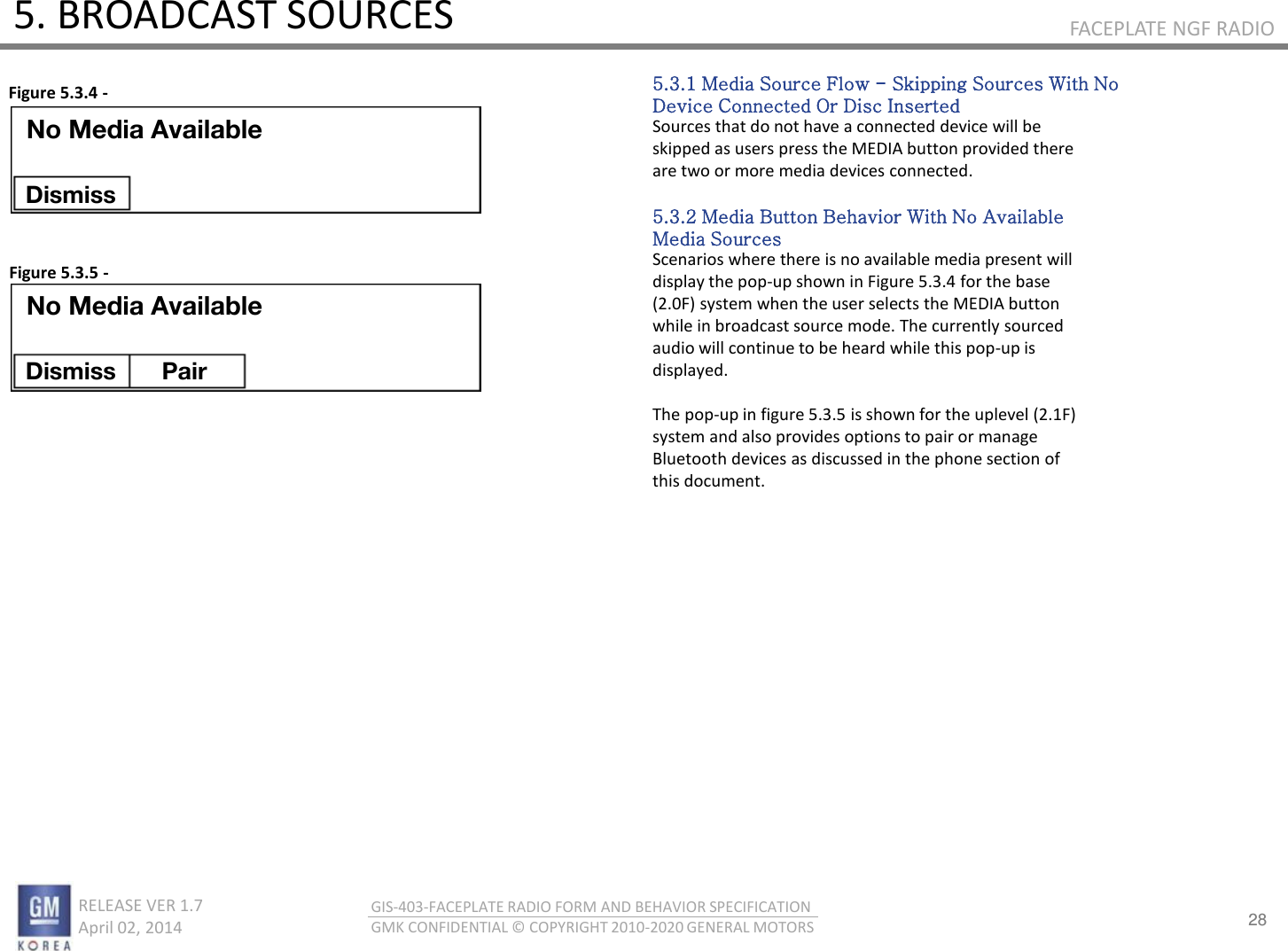 28 RELEASE VER 1.7                          April 02, 2014 GIS-403-FACEPLATE RADIO FORM AND BEHAVIOR SPECIFICATION GMK CONFIDENTIAL © COPYRIGHT 2010-2020 GENERAL MOTORS FACEPLATE NGF RADIO 5. BROADCAST SOURCES 5.3.1 Media Source Flow - Skipping Sources With No Device Connected Or Disc Inserted Sources that do not have a connected device will be skipped as users press the MEDIA button provided there are two or more media devices connected.  5.3.2 Media Button Behavior With No Available Media Sources Scenarios where there is no available media present will display the pop-up shown in Figure 5.3.4 for the base (2.0F) system when the user selects the MEDIA button while in broadcast source mode. The currently sourced audio will continue to be heard while this pop-up is displayed.  The pop-up in figure 5.3.5 is shown for the uplevel (2.1F) system and also provides options to pair or manage Bluetooth devices as discussed in the phone section of this document. Figure 5.3.4 - Figure 5.3.5 - No Media Available Dismiss No Media Available Dismiss  Pair 