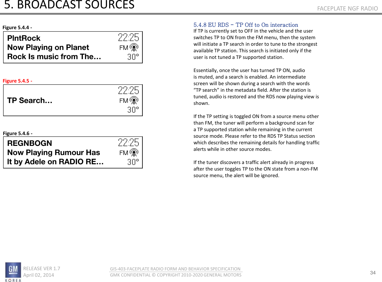 34 RELEASE VER 1.7                          April 02, 2014 GIS-403-FACEPLATE RADIO FORM AND BEHAVIOR SPECIFICATION GMK CONFIDENTIAL © COPYRIGHT 2010-2020 GENERAL MOTORS FACEPLATE NGF RADIO 5. BROADCAST SOURCES 5.4.8 EU RDS - TP Off to On interaction If TP is currently set to OFF in the vehicle and the user switches TP to ON from the FM menu, then the system will initiate a TP search in order to tune to the strongest available TP station. This search is initiated only if the user is not tuned a TP supported station.  Essentially, once the user has turned TP ON, audio is muted, and a search is enabled. An intermediate screen will be shown during a search with the words TP seah i the etadata field. Afte the statio is tuned, audio is restored and the RDS now playing view is shown.  If the TP setting is toggled ON from a source menu other than FM, the tuner will perform a background scan for a TP supported station while remaining in the current source mode. Please refer to the RDS TP Status section which describes the remaining details for handling traffic alerts while in other source modes.  If the tuner discovers a traffic alert already in progress after the user toggles TP to the ON state from a non-FM source menu, the alert will be ignored. Figure 5.4.4 - Figure 5.4.5 - Figure 5.4.6 - REGNBOGN Now Playing Rumour Has  lt by Adele on RADIO RE… TP Search… PlntRock Now Playing on Planet  Rock Is music from The… 