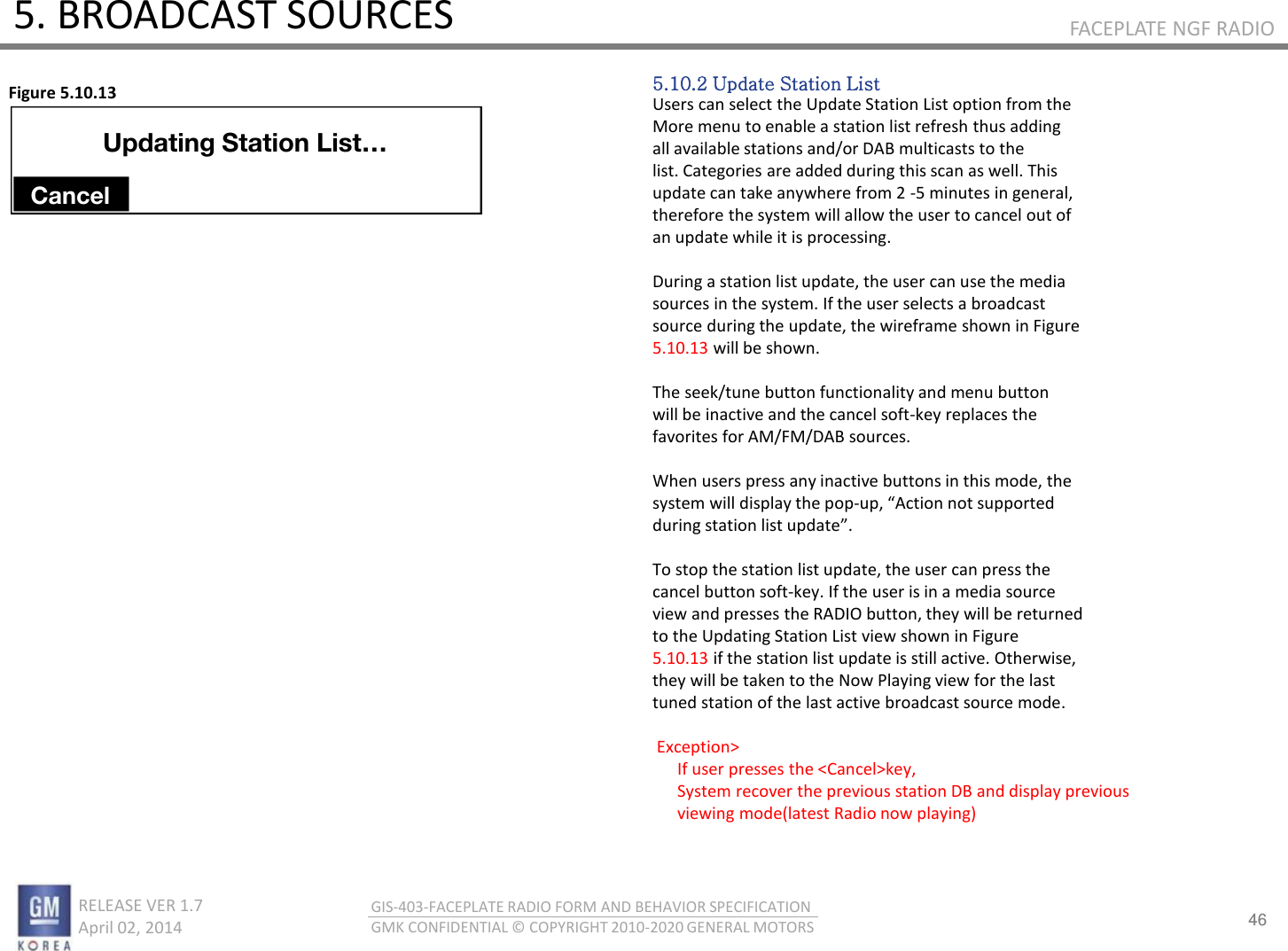46 RELEASE VER 1.7                          April 02, 2014 GIS-403-FACEPLATE RADIO FORM AND BEHAVIOR SPECIFICATION GMK CONFIDENTIAL © COPYRIGHT 2010-2020 GENERAL MOTORS FACEPLATE NGF RADIO 5. BROADCAST SOURCES 5.10.2 Update Station List Users can select the Update Station List option from the More menu to enable a station list refresh thus adding all available stations and/or DAB multicasts to the list. Categories are added during this scan as well. This update can take anywhere from 2 -5 minutes in general, therefore the system will allow the user to cancel out of an update while it is processing.  During a station list update, the user can use the media sources in the system. If the user selects a broadcast source during the update, the wireframe shown in Figure 5.10.13 will be shown.  The seek/tune button functionality and menu button will be inactive and the cancel soft-key replaces the favorites for AM/FM/DAB sources.  When users press any inactive buttons in this mode, the system will display the pop-up, Atio ot suppoted during station list update.  To stop the station list update, the user can press the cancel button soft-key. If the user is in a media source view and presses the RADIO button, they will be returned to the Updating Station List view shown in Figure 5.10.13 if the station list update is still active. Otherwise, they will be taken to the Now Playing view for the last tuned station of the last active broadcast source mode.   Exception&gt;       If user presses the &lt;Cancel&gt;key,       System recover the previous station DB and display previous       viewing mode(latest Radio now playing) Figure 5.10.13 Updating Station List… Cancel 