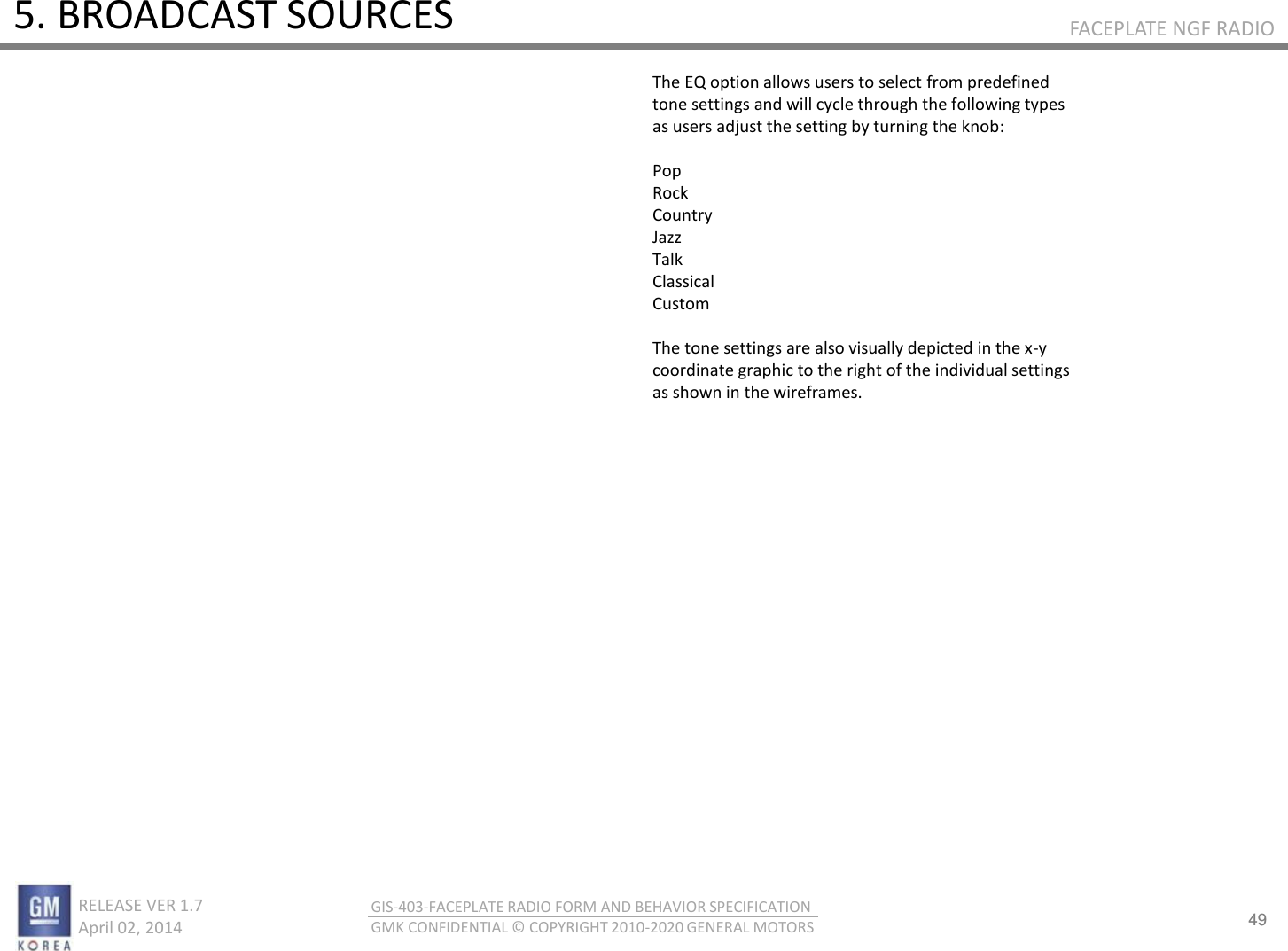 49 RELEASE VER 1.7                          April 02, 2014 GIS-403-FACEPLATE RADIO FORM AND BEHAVIOR SPECIFICATION GMK CONFIDENTIAL © COPYRIGHT 2010-2020 GENERAL MOTORS FACEPLATE NGF RADIO 5. BROADCAST SOURCES The EQ option allows users to select from predefined tone settings and will cycle through the following types as users adjust the setting by turning the knob:  Pop Rock Country Jazz Talk Classical Custom  The tone settings are also visually depicted in the x-y coordinate graphic to the right of the individual settings as shown in the wireframes. 