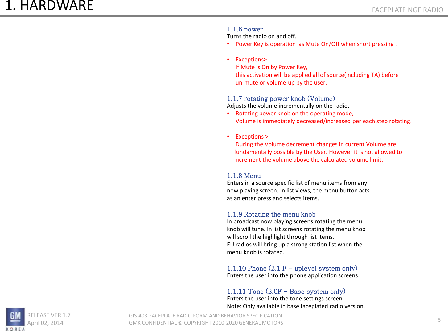 5 RELEASE VER 1.7                          April 02, 2014 GIS-403-FACEPLATE RADIO FORM AND BEHAVIOR SPECIFICATION GMK CONFIDENTIAL © COPYRIGHT 2010-2020 GENERAL MOTORS FACEPLATE NGF RADIO 1. HARDWARE 1.1.6 power Turns the radio on and off. •Power Key is operation  as Mute On/Off when short pressing .  •Exceptions&gt;       If Mute is On by Power Key,        this activation will be applied all of source(including TA) before       un-mute or volume-up by the user.  1.1.7 rotating power knob (Volume) Adjusts the volume incrementally on the radio. •Rotating power knob on the operating mode,        Volume is immediately decreased/increased per each step rotating.  •Exceptions &gt;        During the Volume decrement changes in current Volume are      fundamentally possible by the User. However it is not allowed to            increment the volume above the calculated volume limit.   1.1.8 Menu Enters in a source specific list of menu items from any now playing screen. In list views, the menu button acts as an enter press and selects items.  1.1.9 Rotating the menu knob In broadcast now playing screens rotating the menu knob will tune. In list screens rotating the menu knob will scroll the highlight through list items. EU radios will bring up a strong station list when the menu knob is rotated.  1.1.10 Phone (2.1 F - uplevel system only) Enters the user into the phone application screens.  1.1.11 Tone (2.0F - Base system only) Enters the user into the tone settings screen. Note: Only available in base faceplated radio version. 