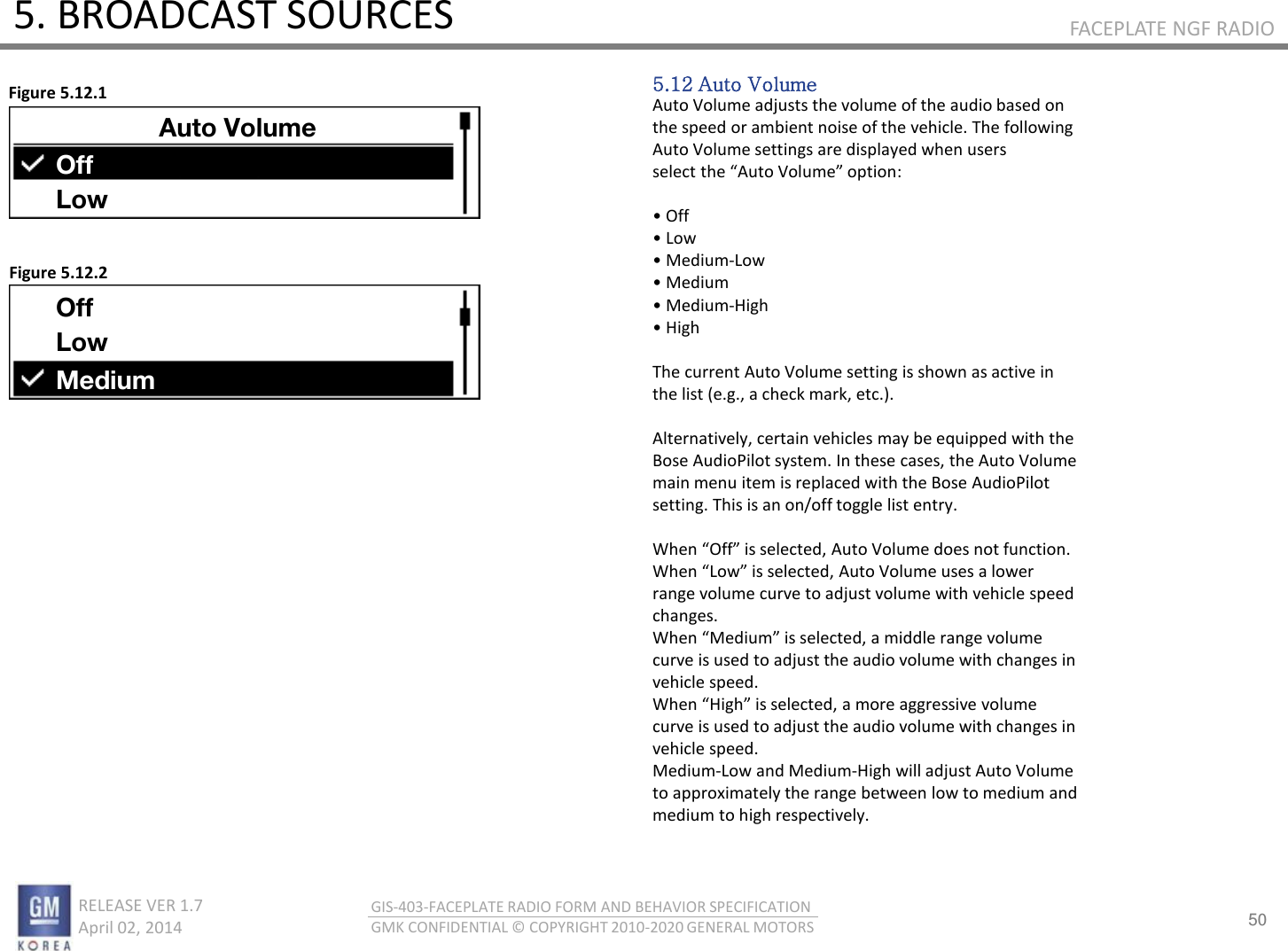 50 RELEASE VER 1.7                          April 02, 2014 GIS-403-FACEPLATE RADIO FORM AND BEHAVIOR SPECIFICATION GMK CONFIDENTIAL © COPYRIGHT 2010-2020 GENERAL MOTORS FACEPLATE NGF RADIO 5. BROADCAST SOURCES 5.12 Auto Volume Auto Volume adjusts the volume of the audio based on the speed or ambient noise of the vehicle. The following Auto Volume settings are displayed when users selet the Auto Volue optio:  • Off • Lo • Mediu-Low • Mediu • Mediu-High • High  The current Auto Volume setting is shown as active in the list (e.g., a check mark, etc.).  Alternatively, certain vehicles may be equipped with the Bose AudioPilot system. In these cases, the Auto Volume main menu item is replaced with the Bose AudioPilot setting. This is an on/off toggle list entry.  When Off is seleted, Auto Volue does ot futio. Whe Lo is seleted, Auto Volue uses a loe range volume curve to adjust volume with vehicle speed changes. Whe Mediu is seleted, a iddle age olue curve is used to adjust the audio volume with changes in vehicle speed. Whe High is seleted, a oe aggessie olue curve is used to adjust the audio volume with changes in vehicle speed. Medium-Low and Medium-High will adjust Auto Volume to approximately the range between low to medium and medium to high respectively. Figure 5.12.1 Figure 5.12.2 Auto Volume Off Low Off Low Medium 