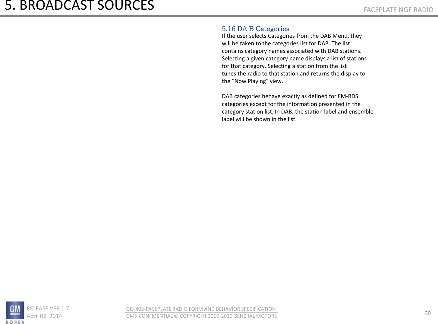 60 RELEASE VER 1.7                          April 02, 2014 GIS-403-FACEPLATE RADIO FORM AND BEHAVIOR SPECIFICATION GMK CONFIDENTIAL © COPYRIGHT 2010-2020 GENERAL MOTORS FACEPLATE NGF RADIO 5. BROADCAST SOURCES 5.16 DA B Categories If the user selects Categories from the DAB Menu, they will be taken to the categories list for DAB. The list contains category names associated with DAB stations. Selecting a given category name displays a list of stations for that category. Selecting a station from the list tunes the radio to that station and returns the display to the No Plaig ie.  DAB categories behave exactly as defined for FM-RDS categories except for the information presented in the category station list. In DAB, the station label and ensemble label will be shown in the list. 
