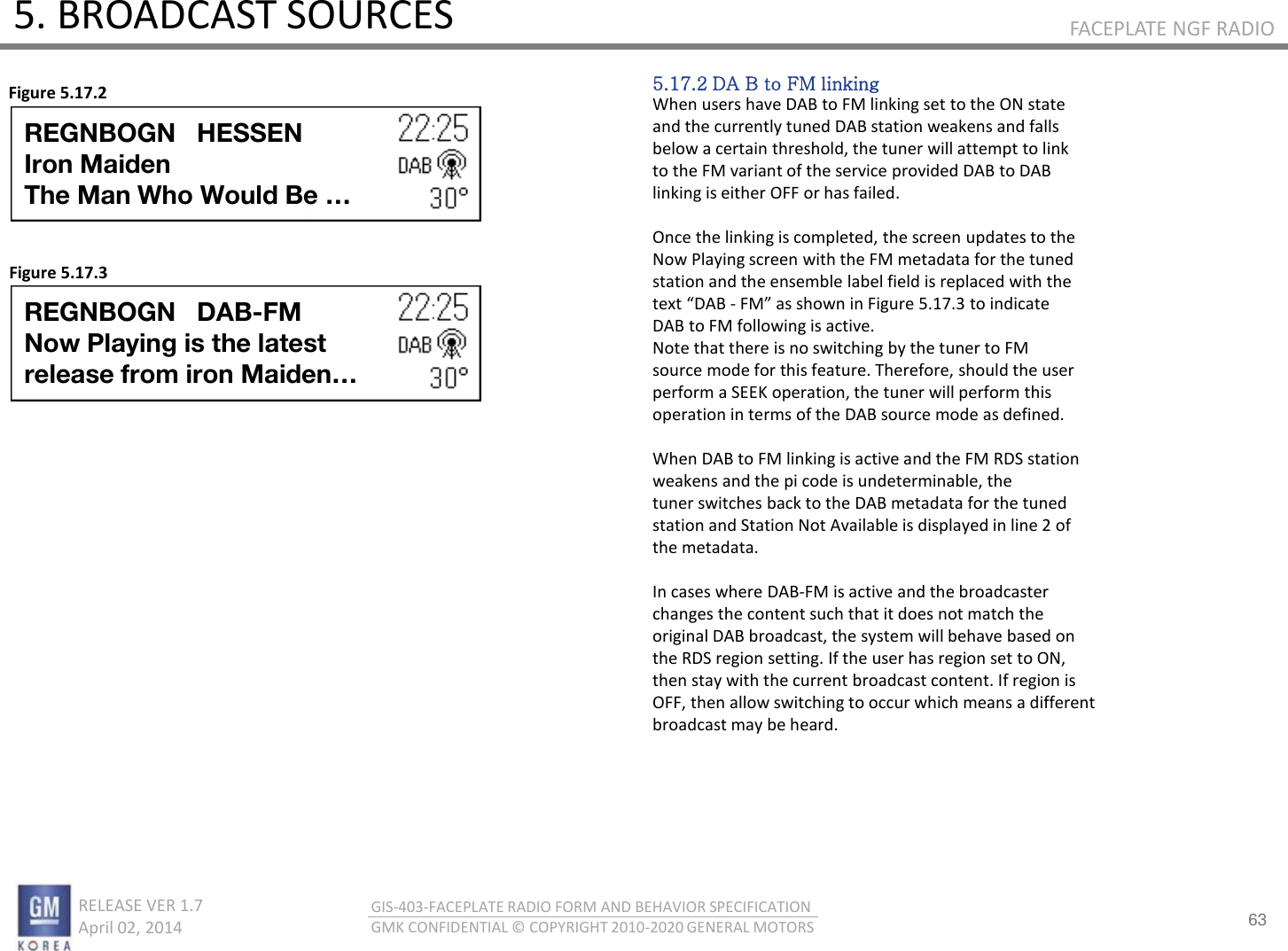 63 RELEASE VER 1.7                          April 02, 2014 GIS-403-FACEPLATE RADIO FORM AND BEHAVIOR SPECIFICATION GMK CONFIDENTIAL © COPYRIGHT 2010-2020 GENERAL MOTORS FACEPLATE NGF RADIO 5. BROADCAST SOURCES 5.17.2 DA B to FM linking When users have DAB to FM linking set to the ON state and the currently tuned DAB station weakens and falls below a certain threshold, the tuner will attempt to link to the FM variant of the service provided DAB to DAB linking is either OFF or has failed.  Once the linking is completed, the screen updates to the Now Playing screen with the FM metadata for the tuned station and the ensemble label field is replaced with the tet DAB - FM as sho i Figue .. to idiate DAB to FM following is active. Note that there is no switching by the tuner to FM source mode for this feature. Therefore, should the user perform a SEEK operation, the tuner will perform this operation in terms of the DAB source mode as defined.  When DAB to FM linking is active and the FM RDS station weakens and the pi code is undeterminable, the tuner switches back to the DAB metadata for the tuned station and Station Not Available is displayed in line 2 of the metadata.  In cases where DAB-FM is active and the broadcaster changes the content such that it does not match the original DAB broadcast, the system will behave based on the RDS region setting. If the user has region set to ON, then stay with the current broadcast content. If region is OFF, then allow switching to occur which means a different broadcast may be heard. Figure 5.17.2 Figure 5.17.3 REGNBOGN   HESSEN Iron Maiden The Man Who Would Be … REGNBOGN   DAB-FM Now Playing is the latest  release from iron Maiden… 
