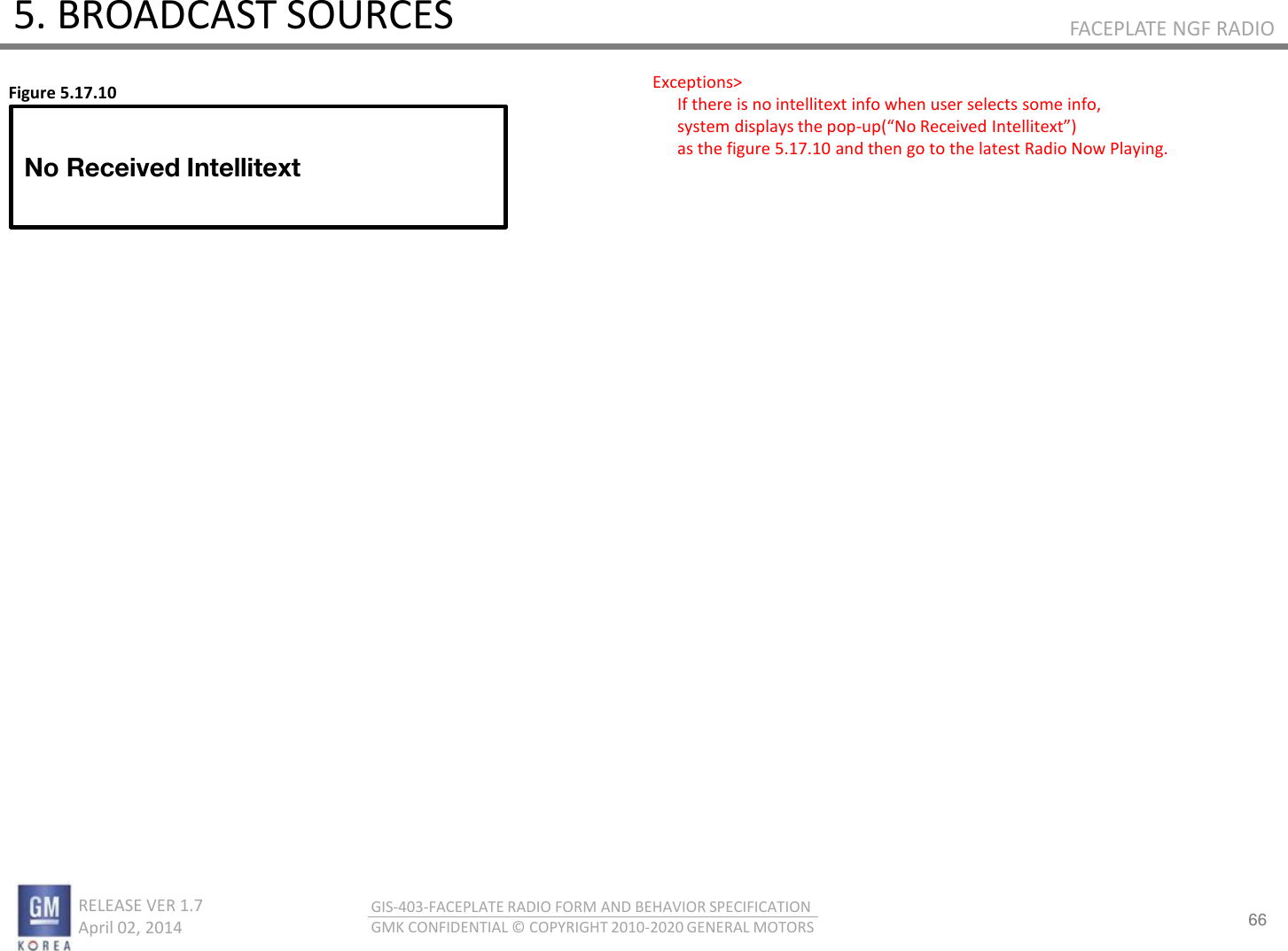 66 RELEASE VER 1.7                          April 02, 2014 GIS-403-FACEPLATE RADIO FORM AND BEHAVIOR SPECIFICATION GMK CONFIDENTIAL © COPYRIGHT 2010-2020 GENERAL MOTORS FACEPLATE NGF RADIO 5. BROADCAST SOURCES Exceptions&gt;        If there is no intellitext info when user selects some info,       system displays the pop-upNo ‘eeied Itellitet       as the figure 5.17.10 and then go to the latest Radio Now Playing.  No Received Intellitext Figure 5.17.10 