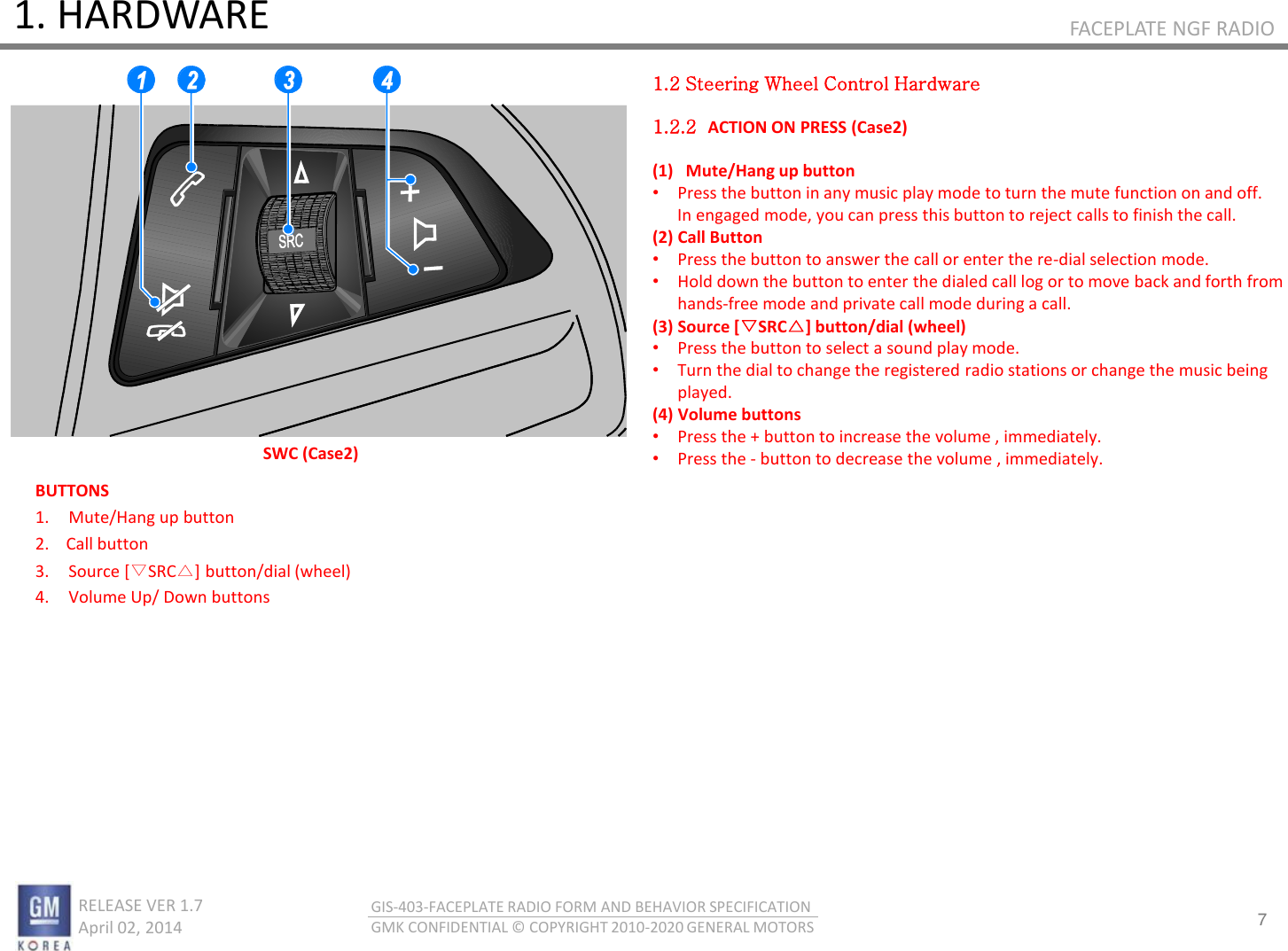7 RELEASE VER 1.7                          April 02, 2014 GIS-403-FACEPLATE RADIO FORM AND BEHAVIOR SPECIFICATION GMK CONFIDENTIAL © COPYRIGHT 2010-2020 GENERAL MOTORS FACEPLATE NGF RADIO 1. HARDWARE 1.2 Steering Wheel Control Hardware  1.2.2  ACTION ON PRESS (Case2)  (1) Mute/Hang up button •Press the button in any music play mode to turn the mute function on and off.        In engaged mode, you can press this button to reject calls to finish the call. (2) Call Button •Press the button to answer the call or enter the re-dial selection mode. •Hold down the button to enter the dialed call log or to move back and forth from hands-free mode and private call mode during a call. (3) Source [▽SRC△] button/dial (wheel) •Press the button to select a sound play mode. •Turn the dial to change the registered radio stations or change the music being played. (4) Volume buttons •Press the + button to increase the volume , immediately. •Press the - button to decrease the volume , immediately.   SWC (Case2) BUTTONS 1. Mute/Hang up button 2.    Call button 3. Source [▽SRC△] button/dial (wheel) 4. Volume Up/ Down buttons   