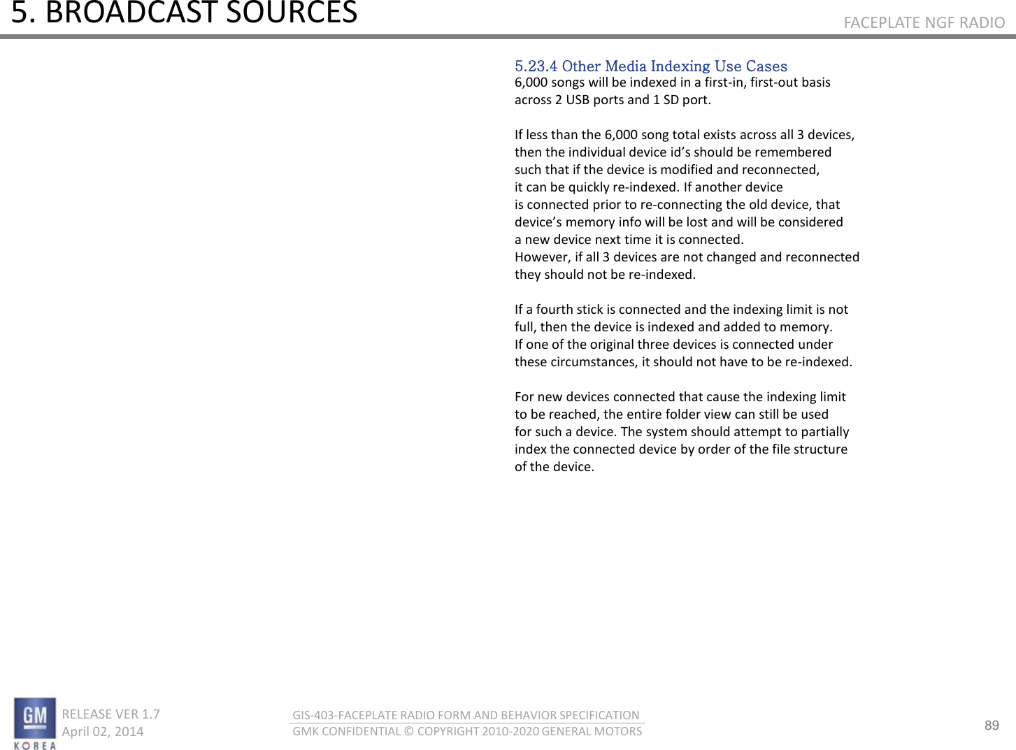 89 RELEASE VER 1.7                          April 02, 2014 GIS-403-FACEPLATE RADIO FORM AND BEHAVIOR SPECIFICATION GMK CONFIDENTIAL © COPYRIGHT 2010-2020 GENERAL MOTORS FACEPLATE NGF RADIO 5. BROADCAST SOURCES 5.23.4 Other Media Indexing Use Cases 6,000 songs will be indexed in a first-in, first-out basis across 2 USB ports and 1 SD port.  If less than the 6,000 song total exists across all 3 devices, the the idiidual deie ids should e eeeed such that if the device is modified and reconnected, it can be quickly re-indexed. If another device is connected prior to re-connecting the old device, that deies eo ifo ill e lost ad ill e osideed a new device next time it is connected. However, if all 3 devices are not changed and reconnected they should not be re-indexed.  If a fourth stick is connected and the indexing limit is not full, then the device is indexed and added to memory. If one of the original three devices is connected under these circumstances, it should not have to be re-indexed.  For new devices connected that cause the indexing limit to be reached, the entire folder view can still be used for such a device. The system should attempt to partially index the connected device by order of the file structure of the device. 