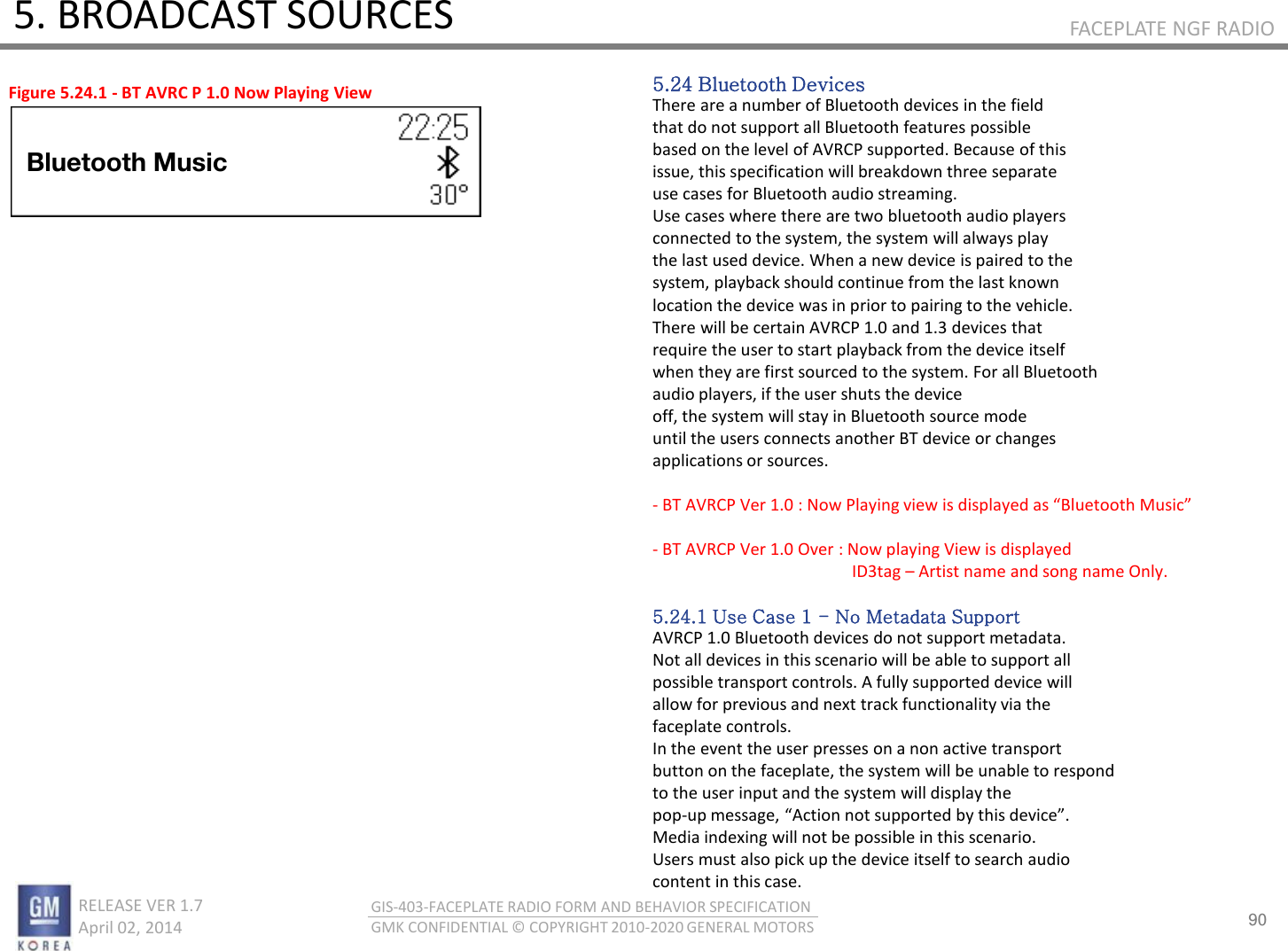 90 RELEASE VER 1.7                          April 02, 2014 GIS-403-FACEPLATE RADIO FORM AND BEHAVIOR SPECIFICATION GMK CONFIDENTIAL © COPYRIGHT 2010-2020 GENERAL MOTORS FACEPLATE NGF RADIO 5. BROADCAST SOURCES 5.24 Bluetooth Devices There are a number of Bluetooth devices in the field that do not support all Bluetooth features possible based on the level of AVRCP supported. Because of this issue, this specification will breakdown three separate use cases for Bluetooth audio streaming. Use cases where there are two bluetooth audio players connected to the system, the system will always play the last used device. When a new device is paired to the system, playback should continue from the last known location the device was in prior to pairing to the vehicle. There will be certain AVRCP 1.0 and 1.3 devices that require the user to start playback from the device itself when they are first sourced to the system. For all Bluetooth audio players, if the user shuts the device off, the system will stay in Bluetooth source mode until the users connects another BT device or changes applications or sources.  - BT AVRCP Ver 1.0 : Now Playing view is displayed as Bluetooth Musi  - BT AVRCP Ver 1.0 Over : Now playing View is displayed                                                                                                      ID3tag – Artist name and song name Only.  5.24.1 Use Case 1 - No Metadata Support AVRCP 1.0 Bluetooth devices do not support metadata. Not all devices in this scenario will be able to support all possible transport controls. A fully supported device will allow for previous and next track functionality via the faceplate controls. In the event the user presses on a non active transport button on the faceplate, the system will be unable to respond to the user input and the system will display the pop-up essage, Atio ot suppoted  this deie. Media indexing will not be possible in this scenario. Users must also pick up the device itself to search audio content in this case. Figure 5.24.1 - BT AVRC P 1.0 Now Playing View Bluetooth Music 